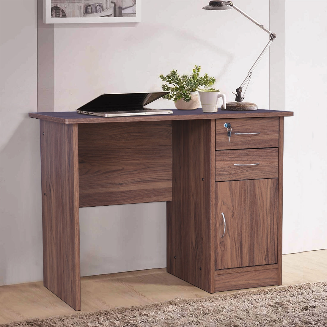 Simply Study Table with Three Drawer in Dark Walnut Colour