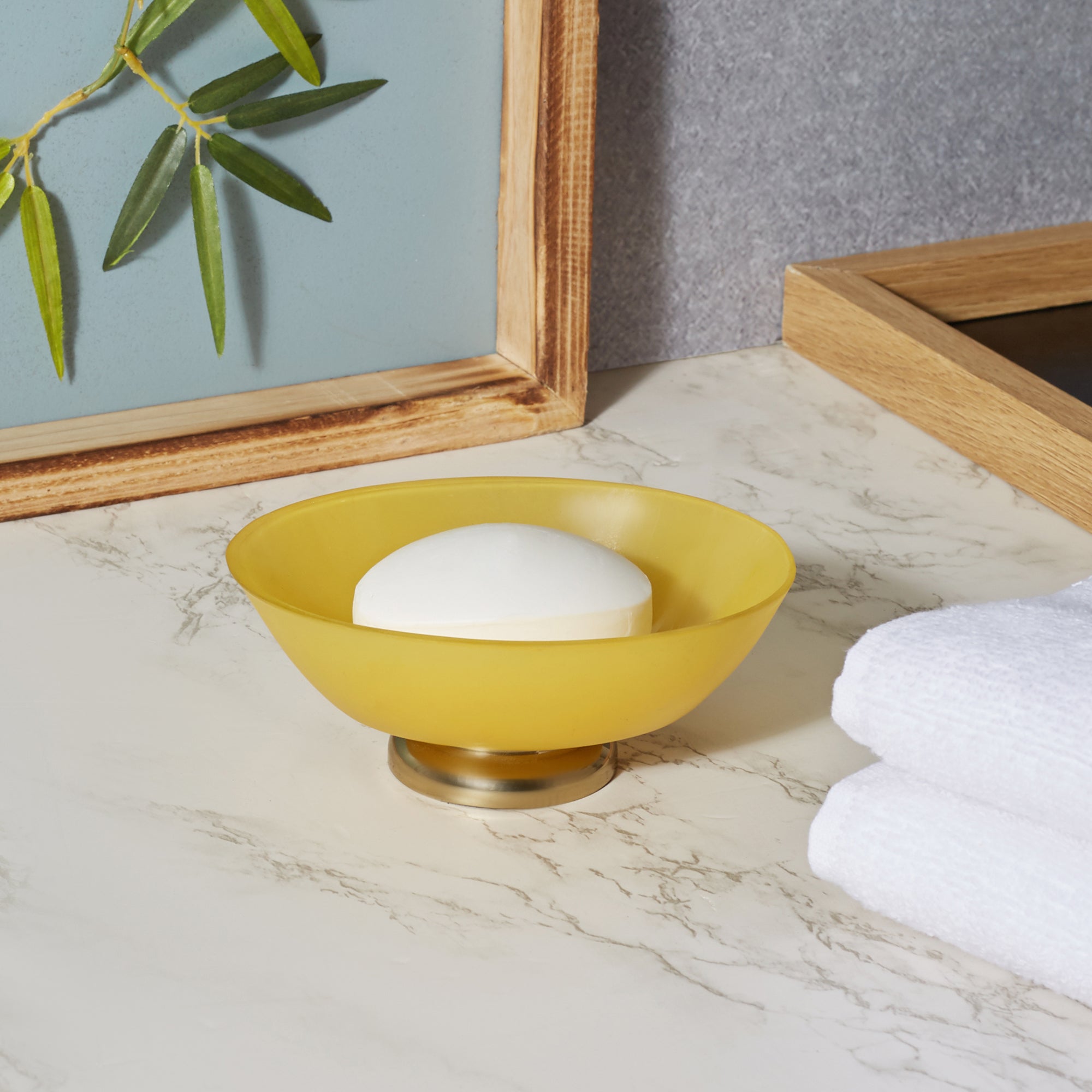 Emilia Glass Frosted Colored Soap Dish in Yellow Colour