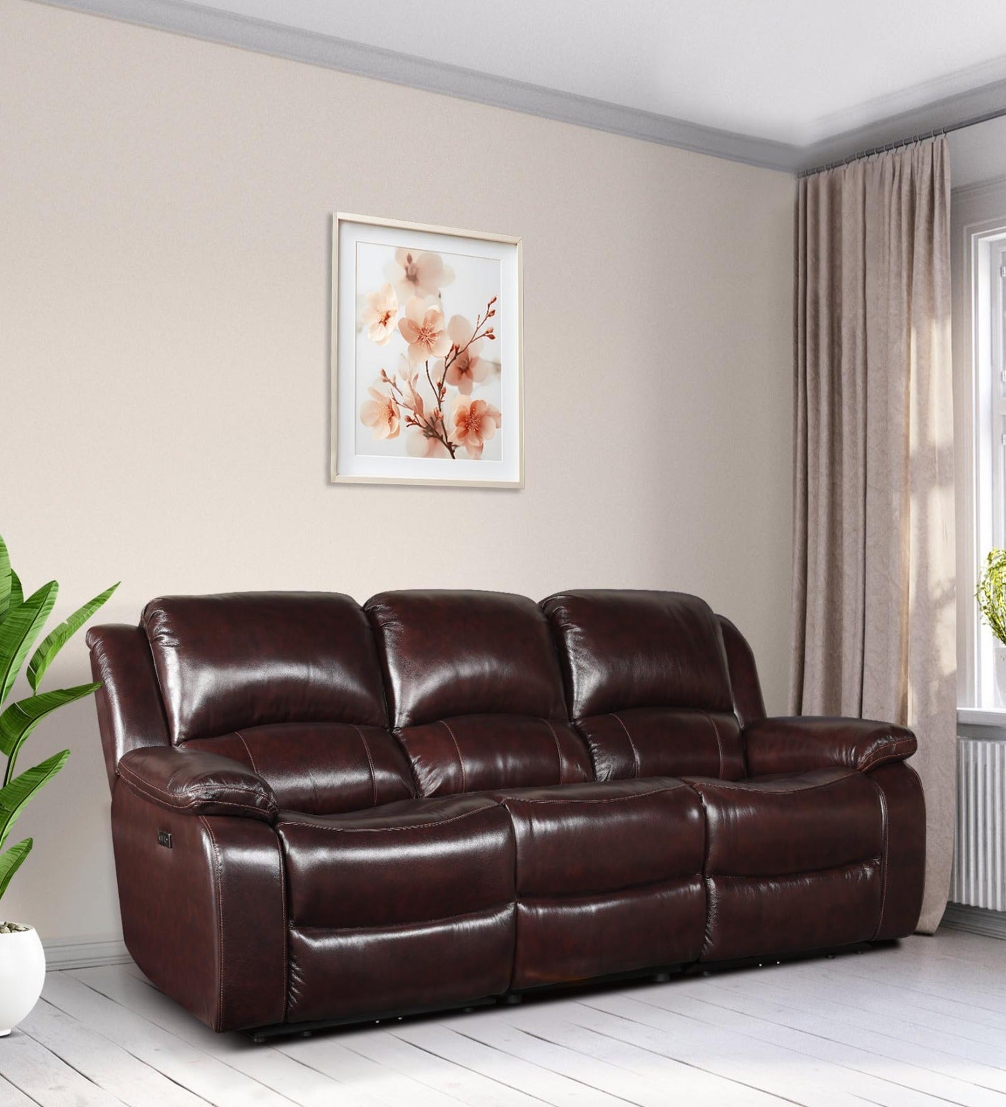 Rhine Half Leather Three Seater Electric Recliner in Brown Colour