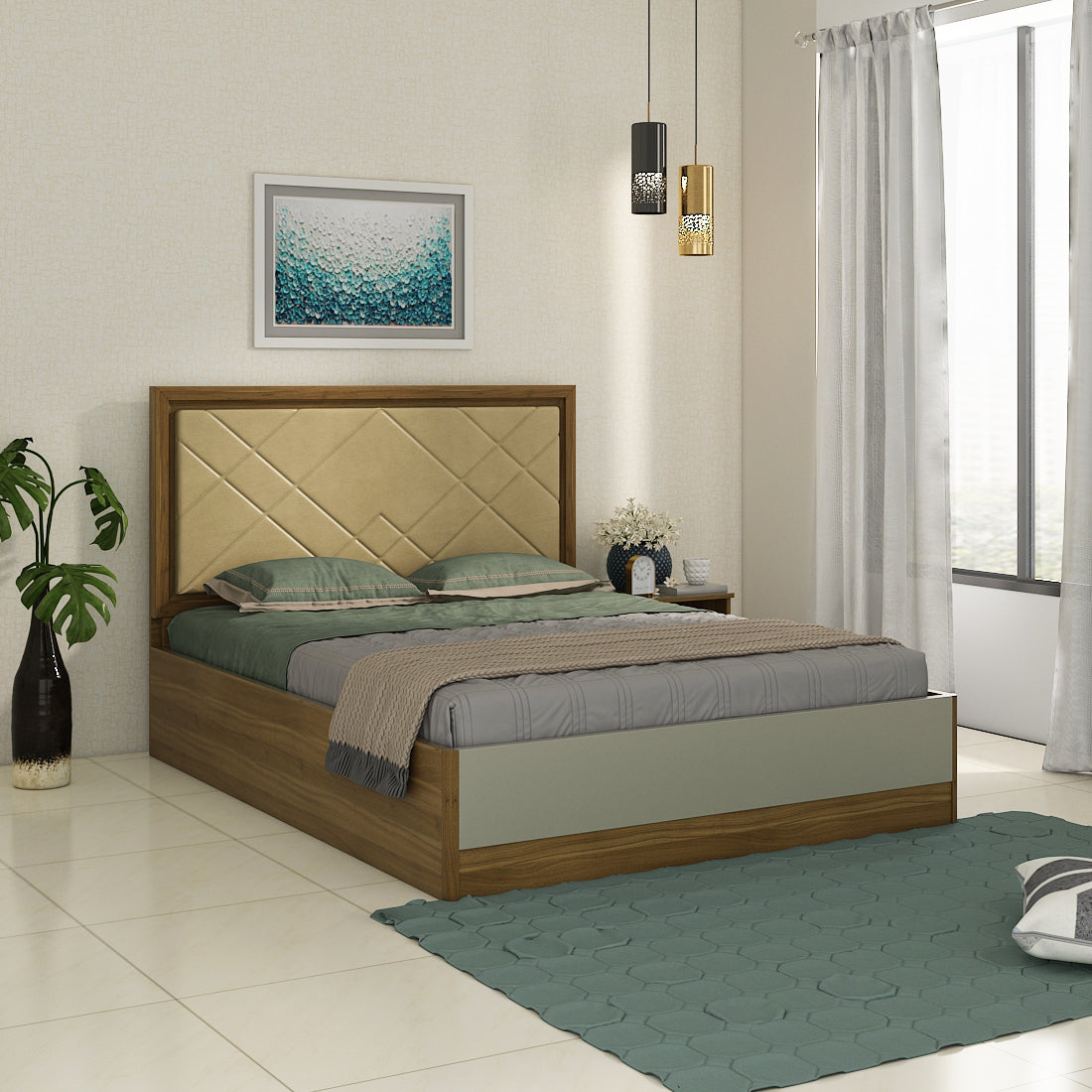 Petra Queen Bed With Box Storage in Walnut Colour