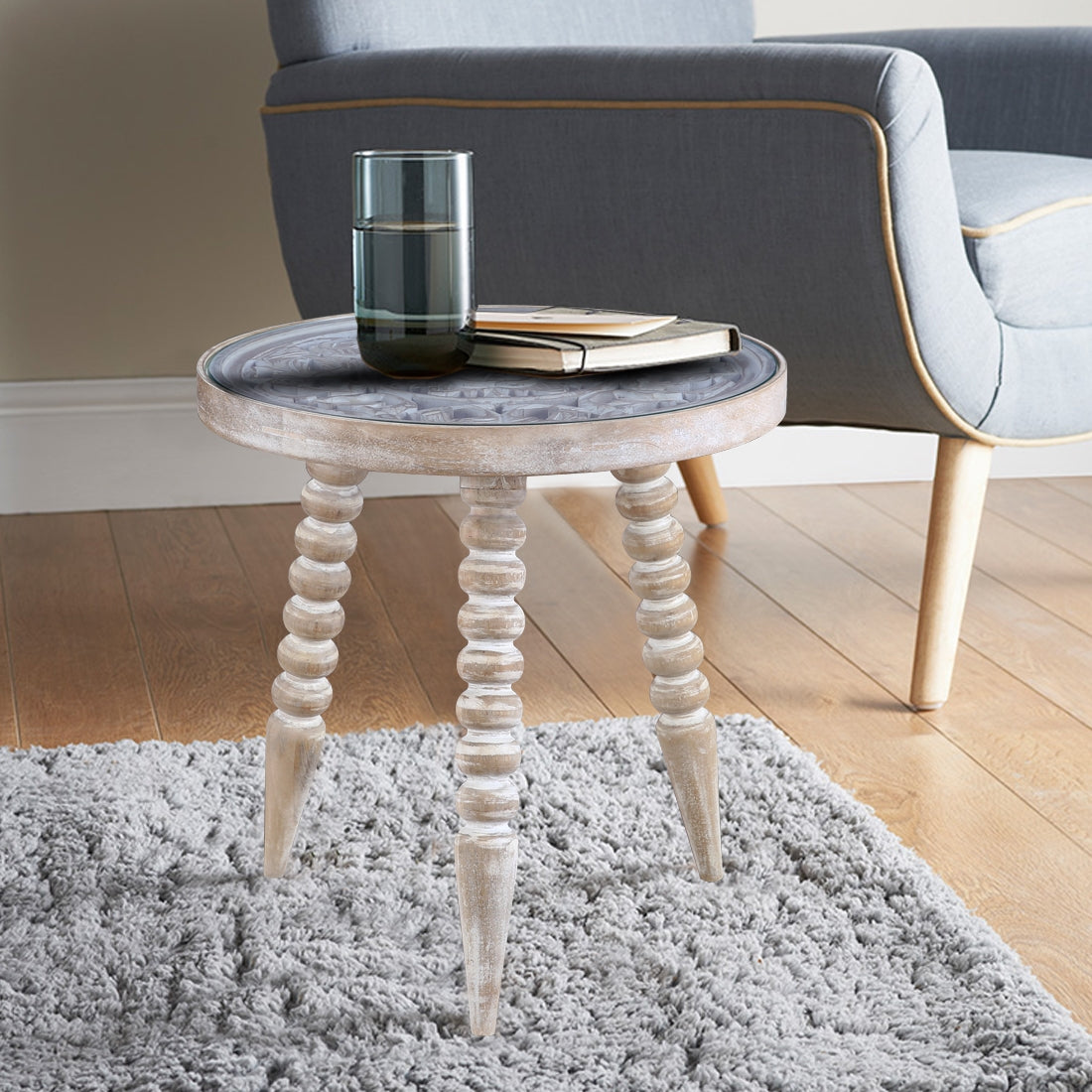 Antico Mango Wood Carved Stool in White Colour
