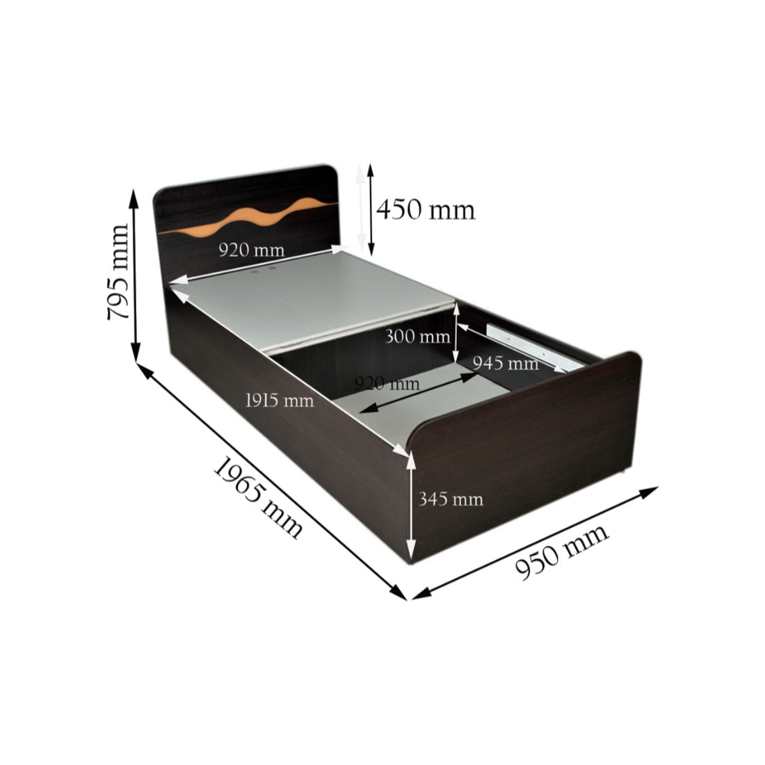 Swirl Single Bed with Box storage in Wenge Colour