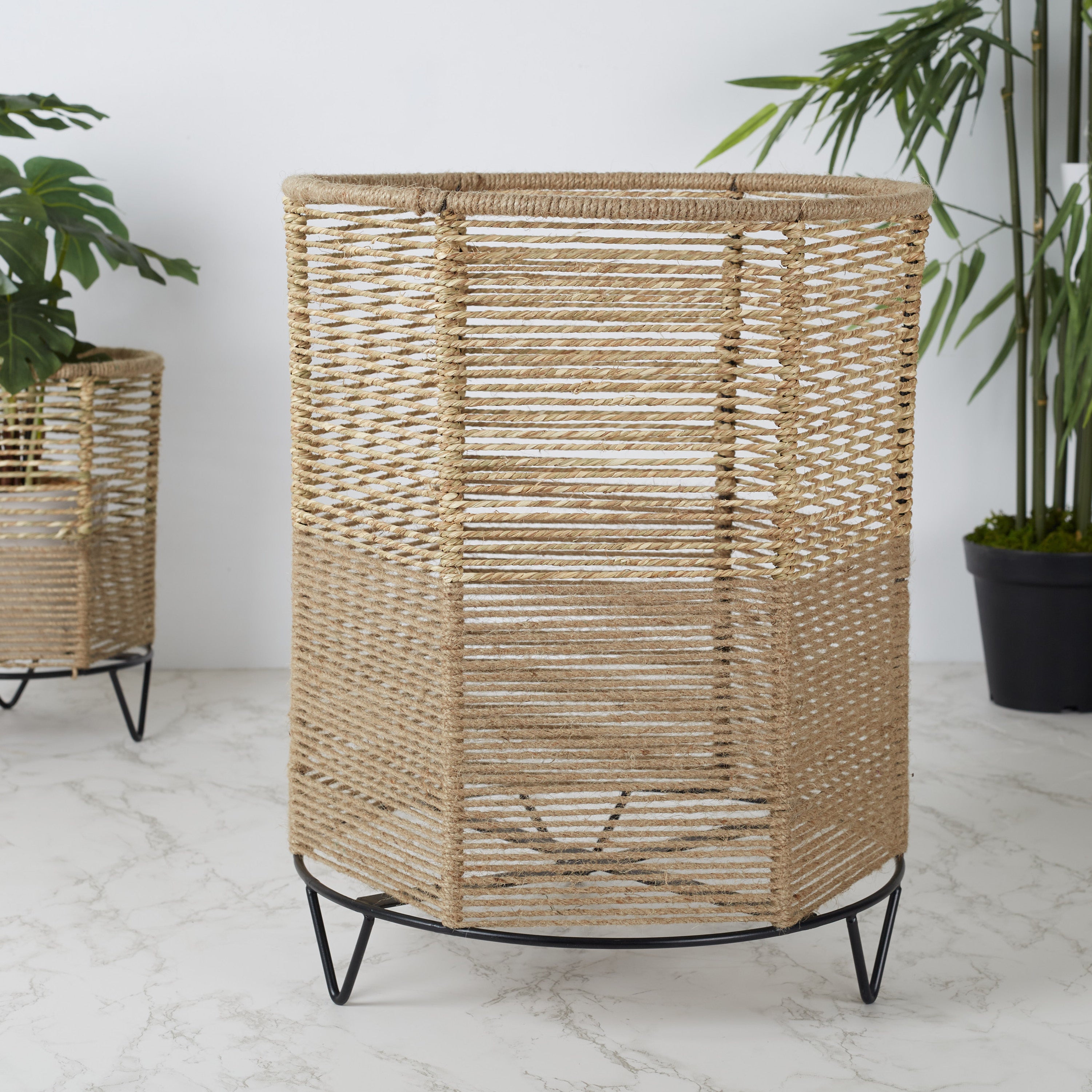 Boho Metal And Natural Fiber Planter Stand 42Cm in Brown Colour