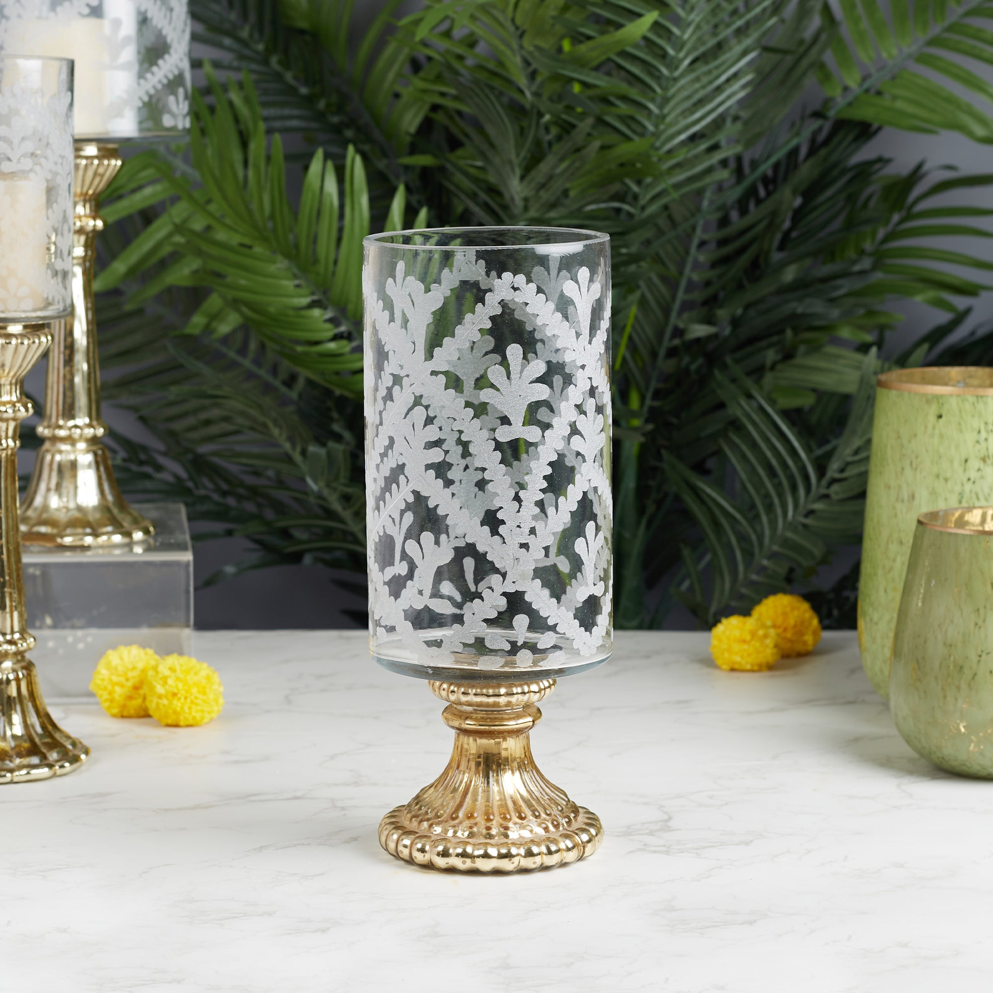 Phiona Glass Etched Handcrafted Hurricane 31 Cm in Gold Colour