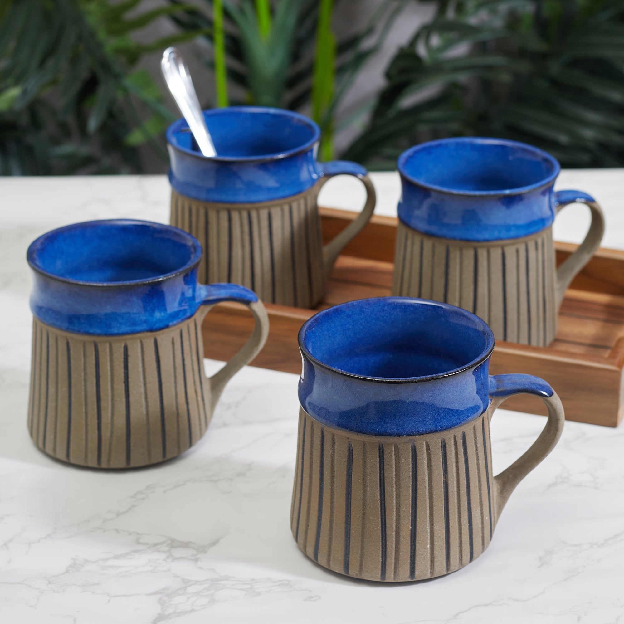 Fiesta Studio Pottery Unico Coffee Mug 300 ML Set of 4 in Cobalt & Brown Colour