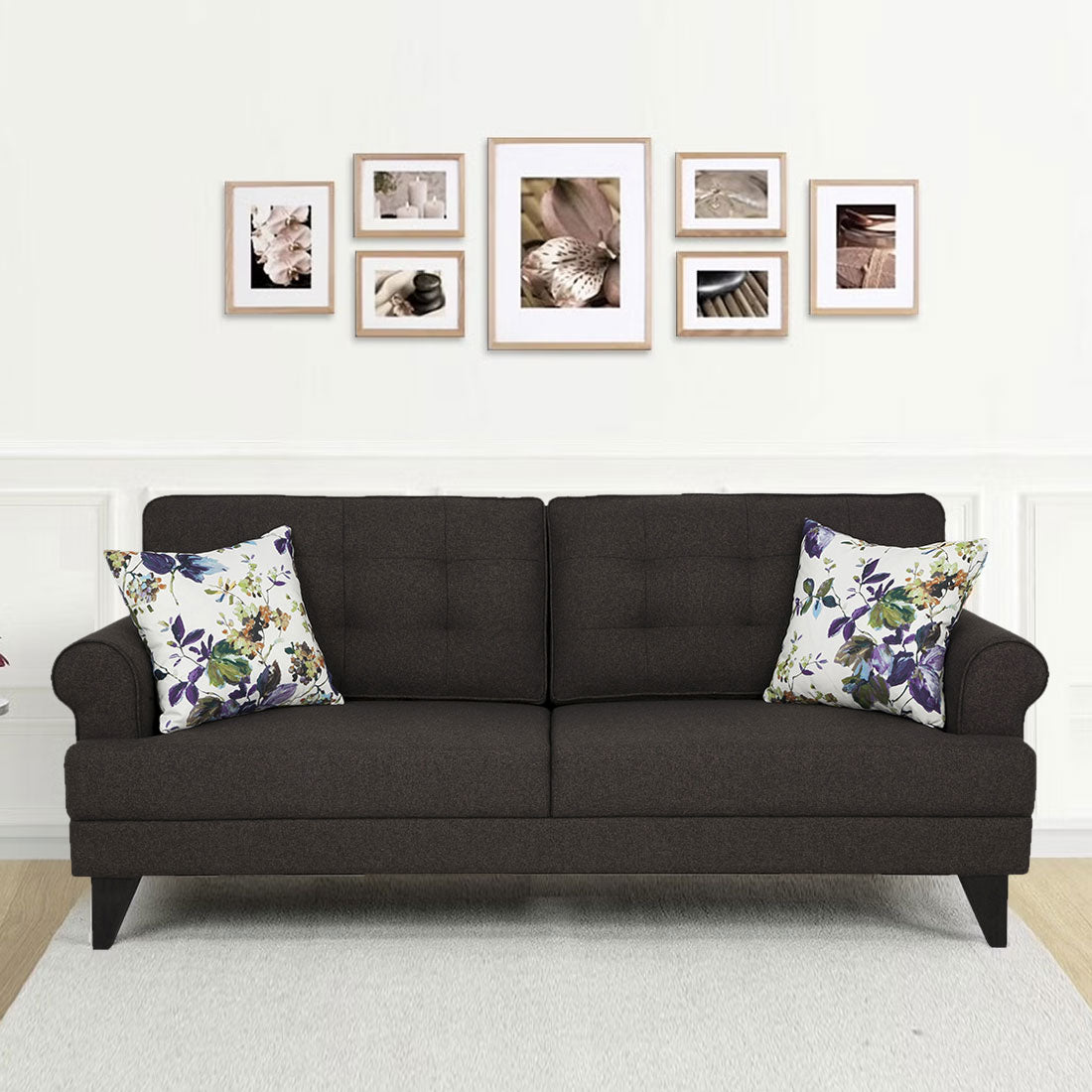 Understated Charm + (Paddington 3 + 2 Seater Sofa Set Dark Brown + Antwerp Flute Center Table & Side Table + Aravali 6 Seater Dining Set with Bench)