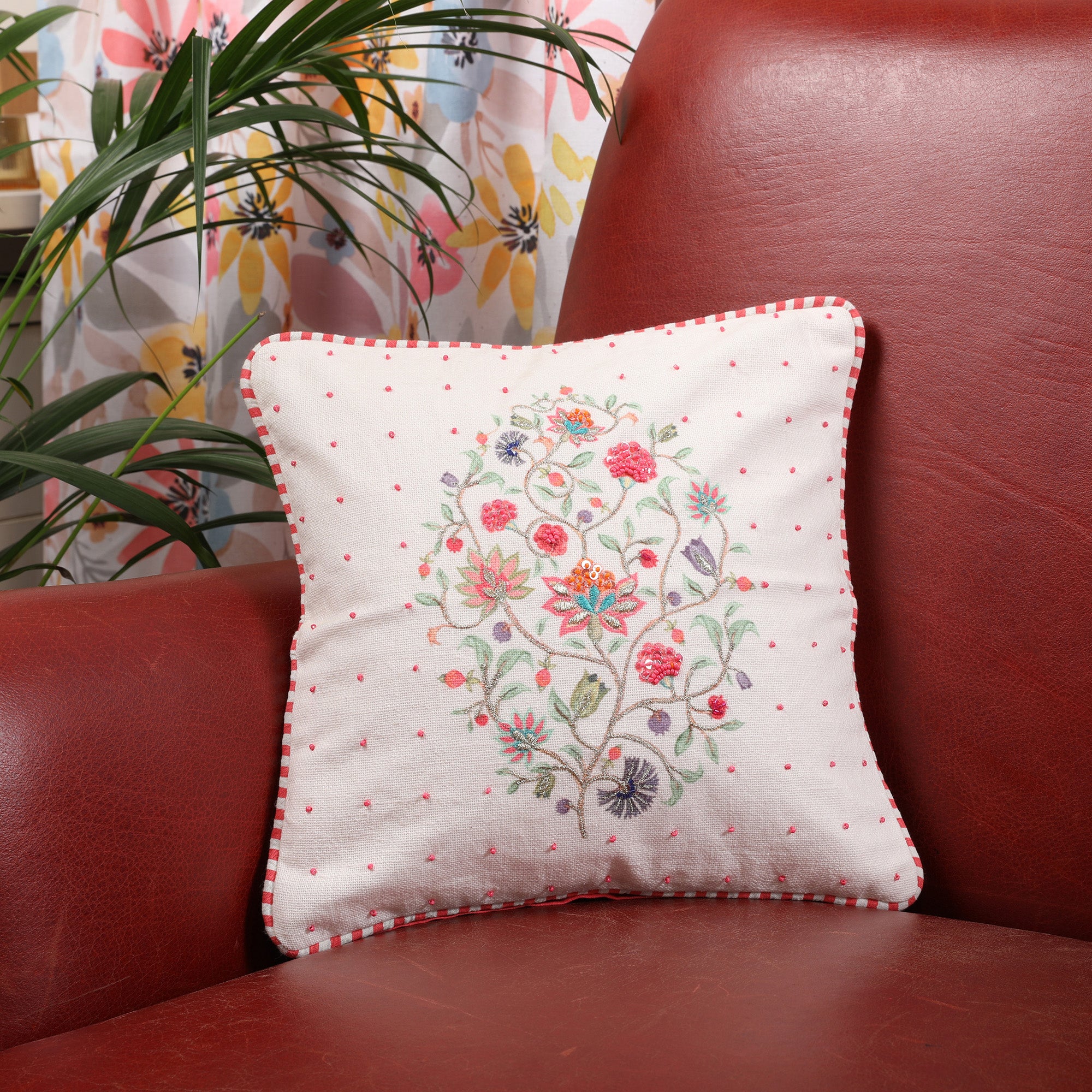 Indian Botanical Cotton Cushion Cover 30x30 cm in Floral Print