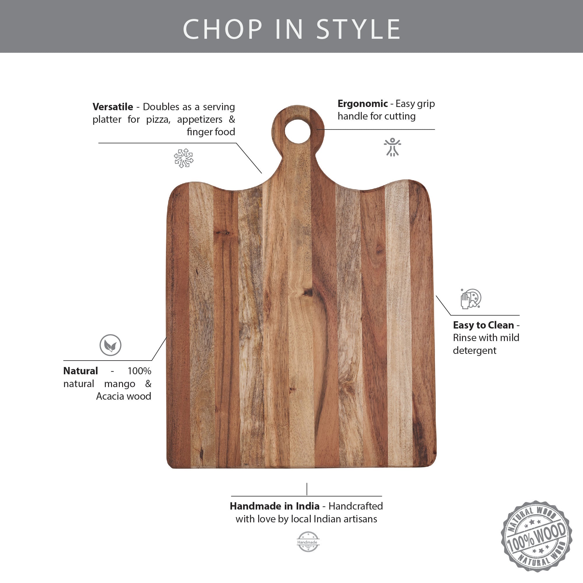 Tuscany Wood Grande Chopping Board/ Serving Platter/ Cheese Board 46 x 34 Cm in Brown Colour