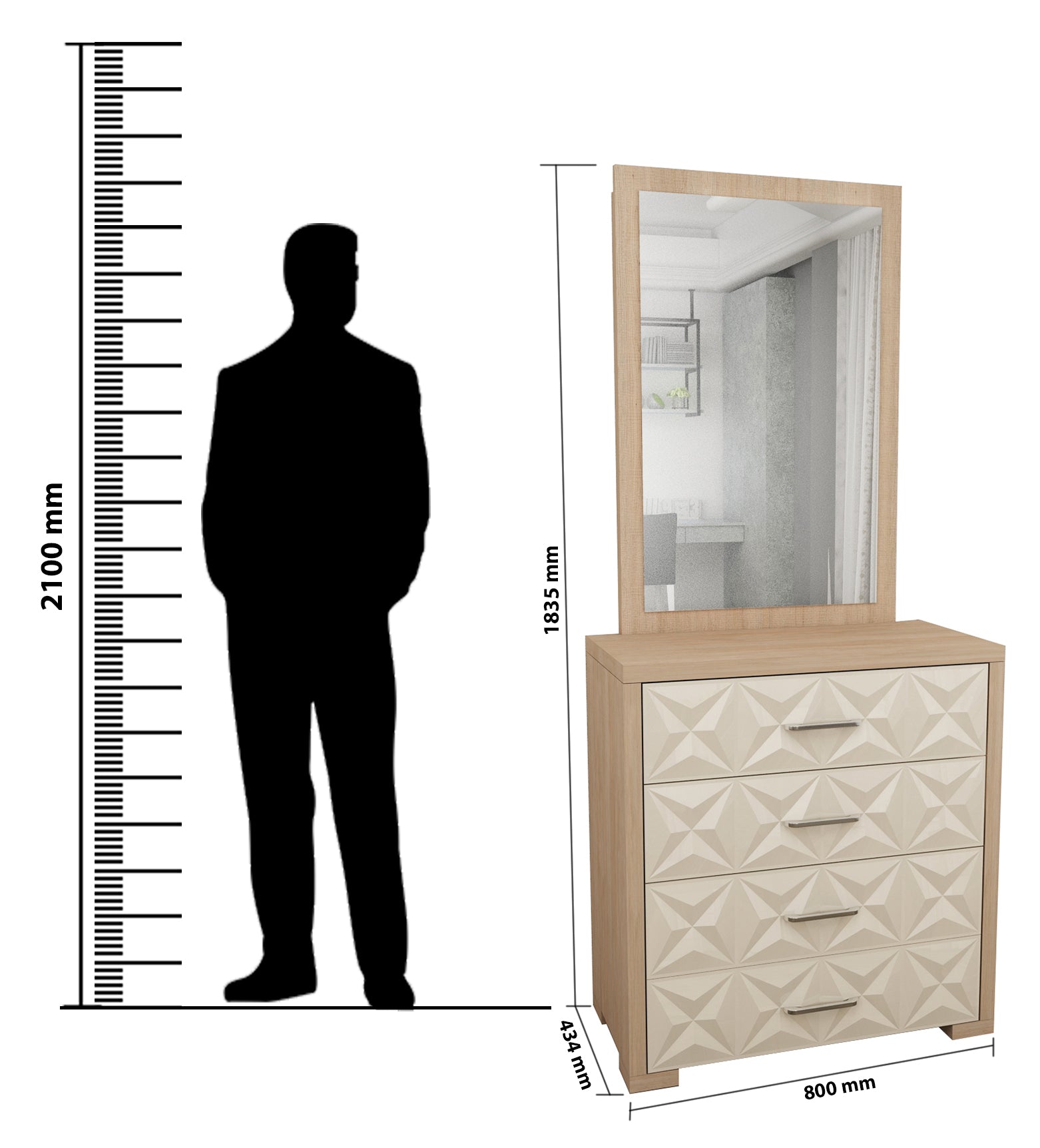 Jordan Dresser With Mirror in Sonam Oak & White Colour