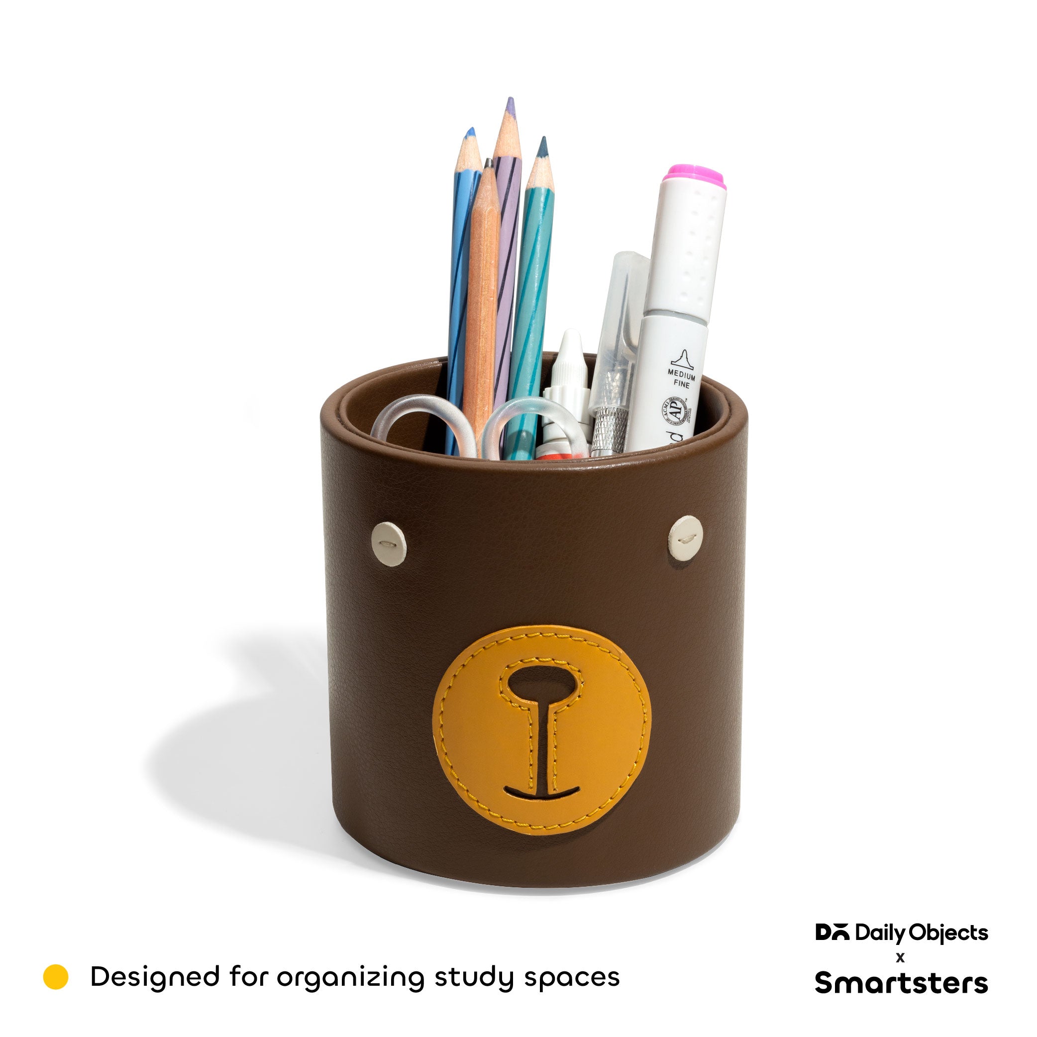 Bearcub MDF + Leatherite Pen Stand in Brown & Yellow Colour