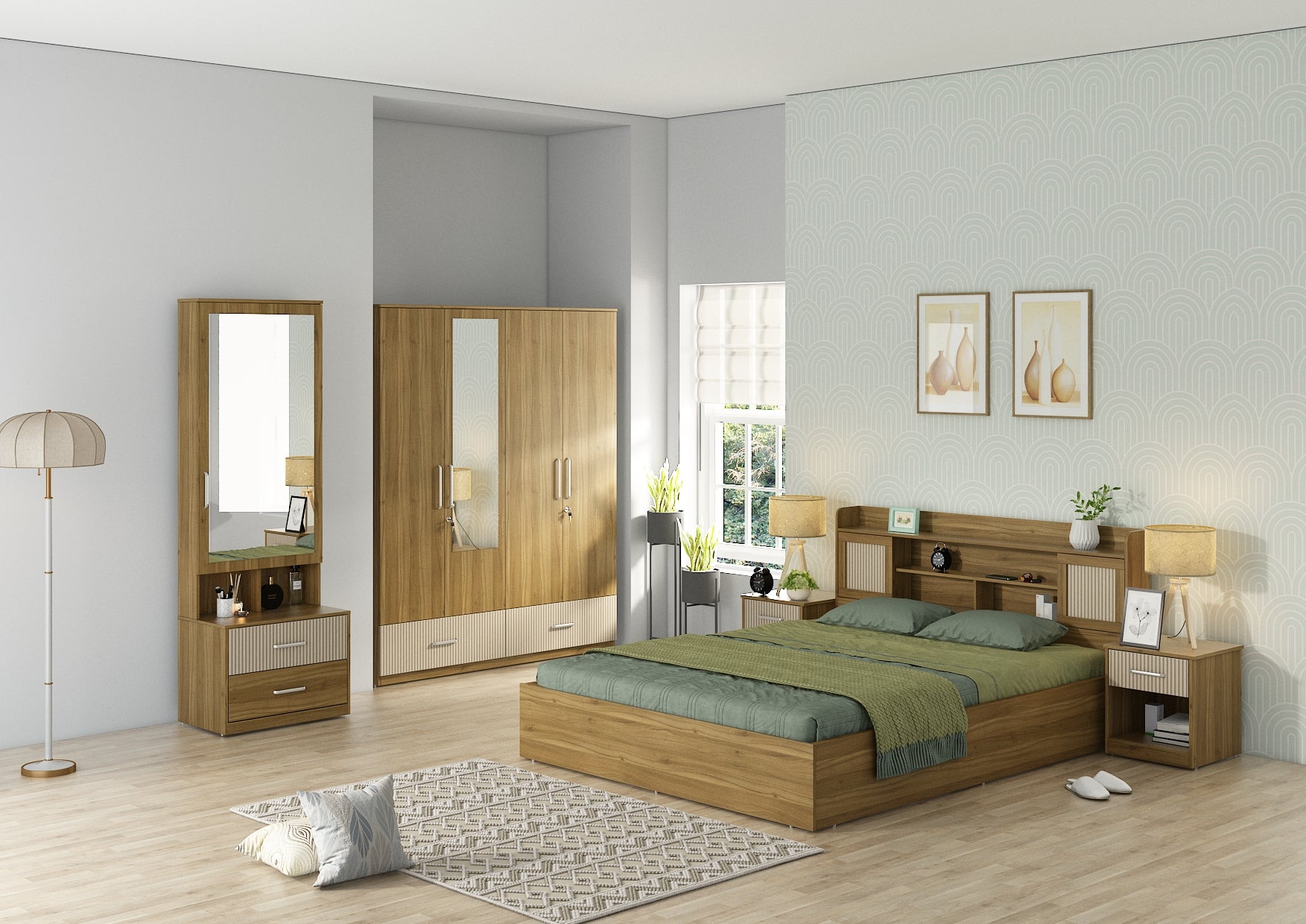 Diago Queen Bed Box Storage with Three Door Wardrobe Set