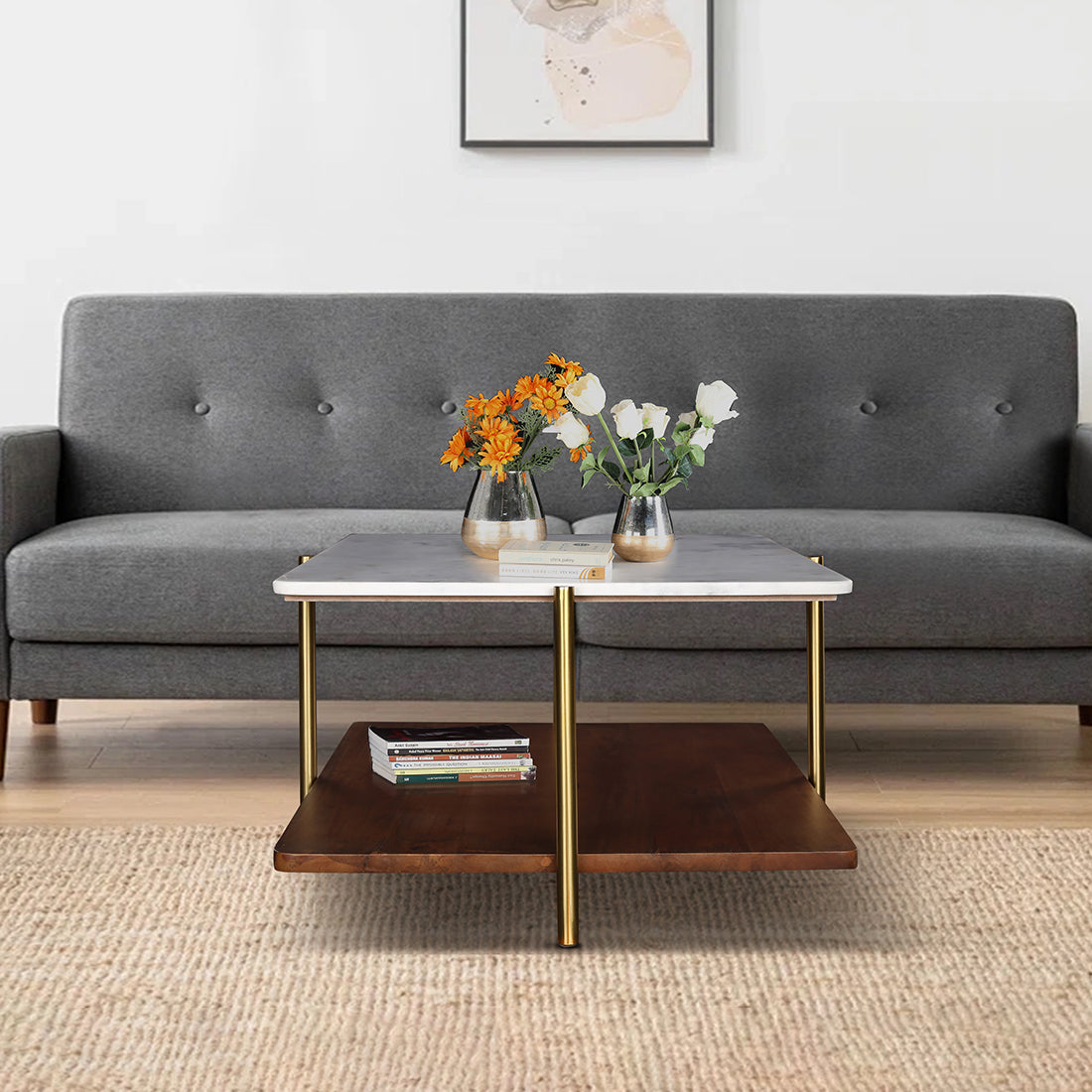 Volakas Metal Center Table in White and Walnut Colour