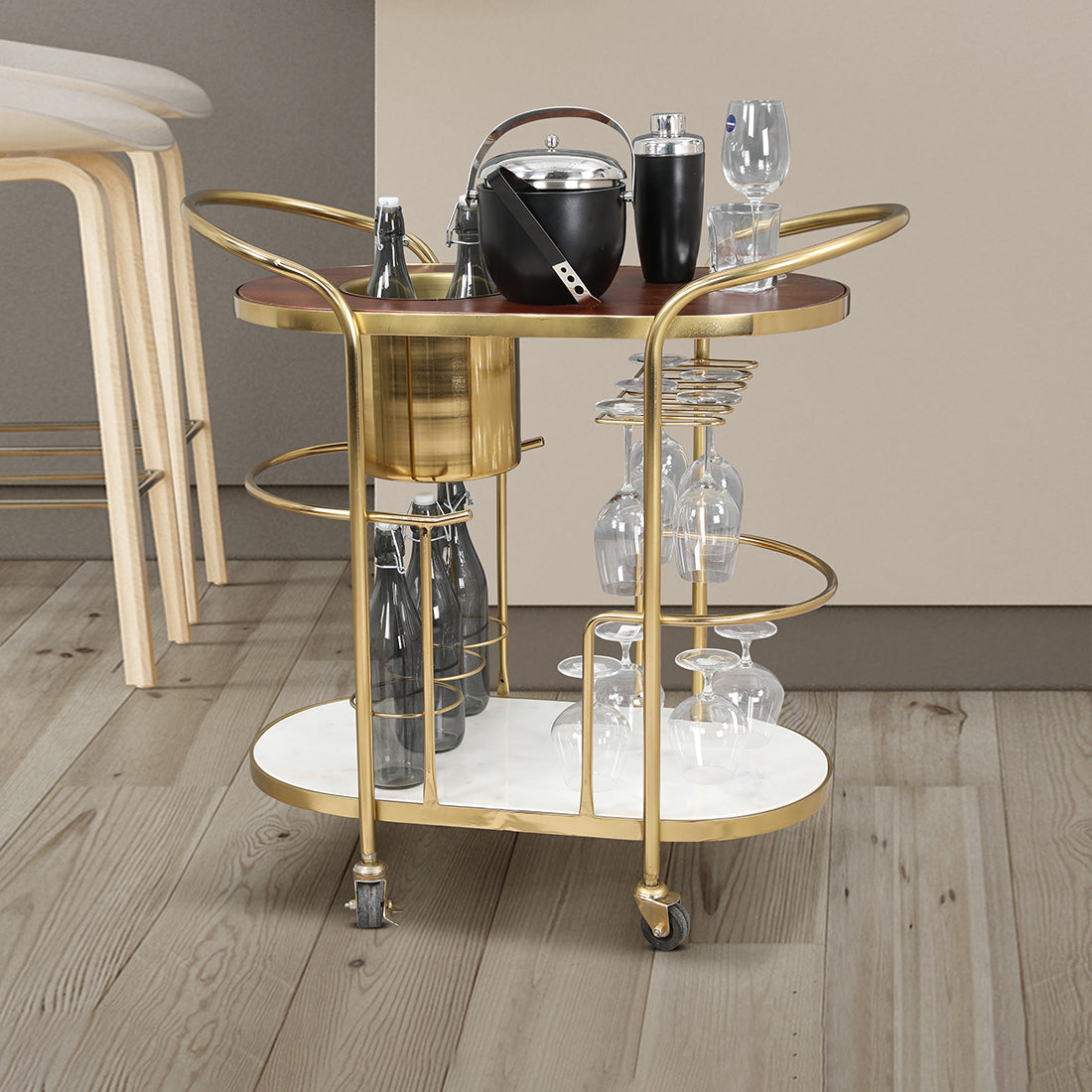 Martini Metal Serving Trolley in Brown & Gold Colour