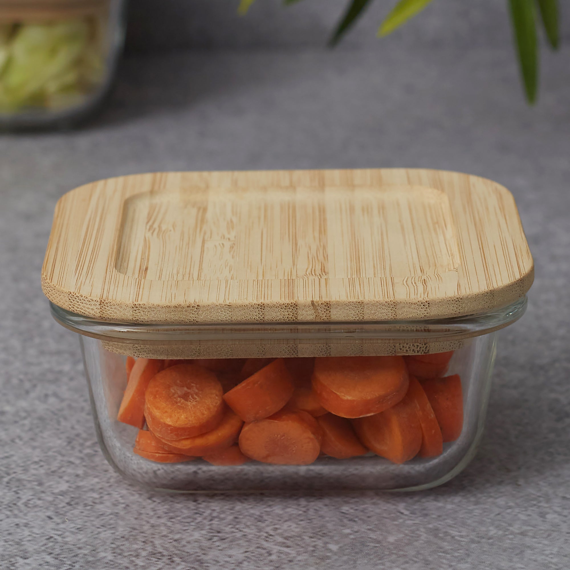Robust Glass Square Container with Bamboo Lid 320ML in Transparent Colour