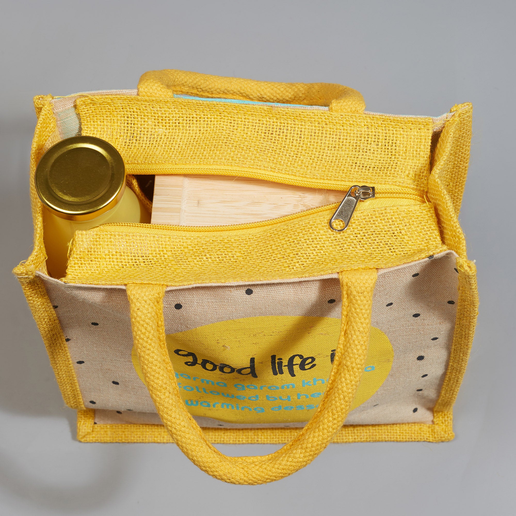 Good Life Jute Reversible Dessert Printed Lunch Bag 25.5 x 25.5 Cm in Turq & Yellow Colour