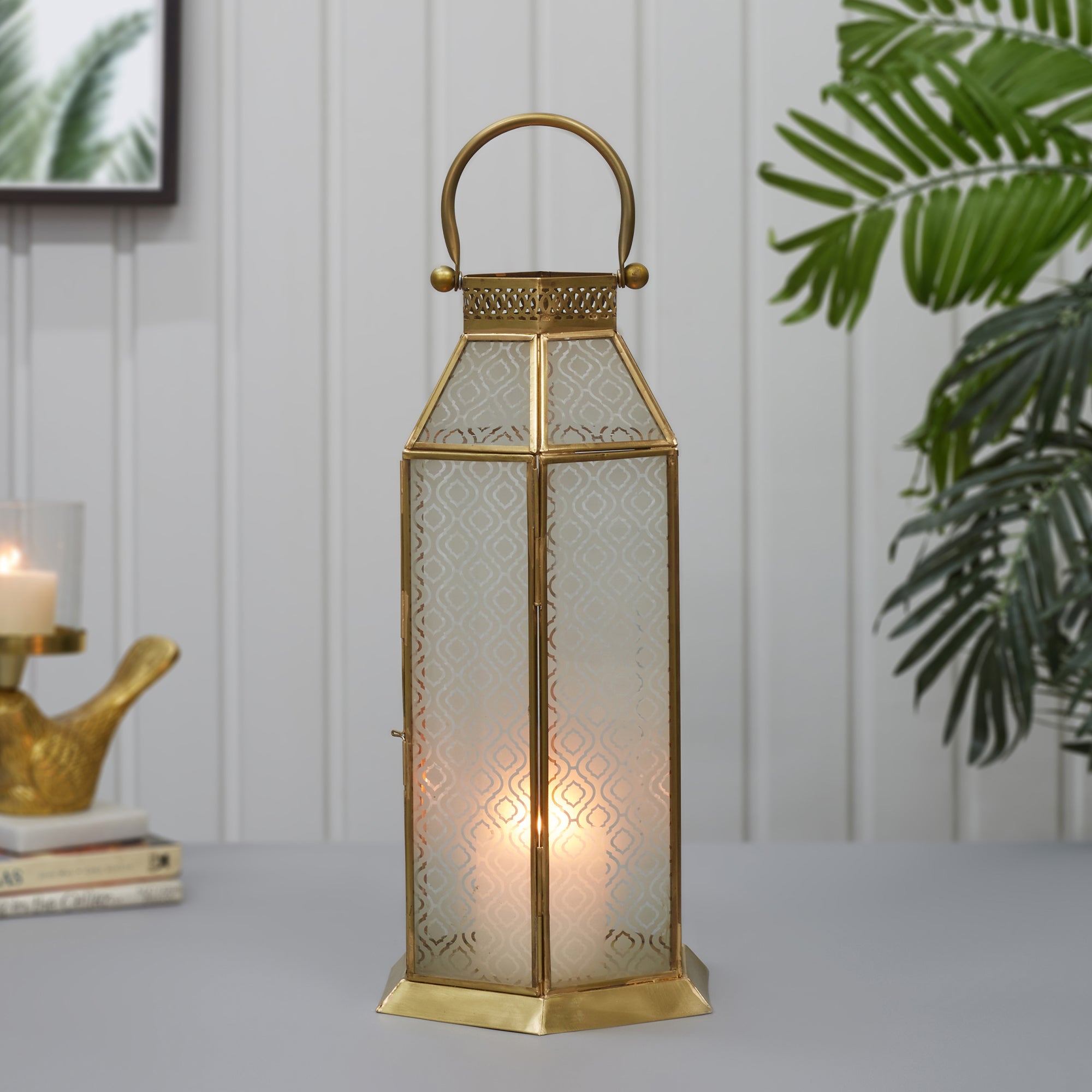 Apollo Iron and Glass Hexagon Lantern 19x43 Cm in Emerald & Gold Colour