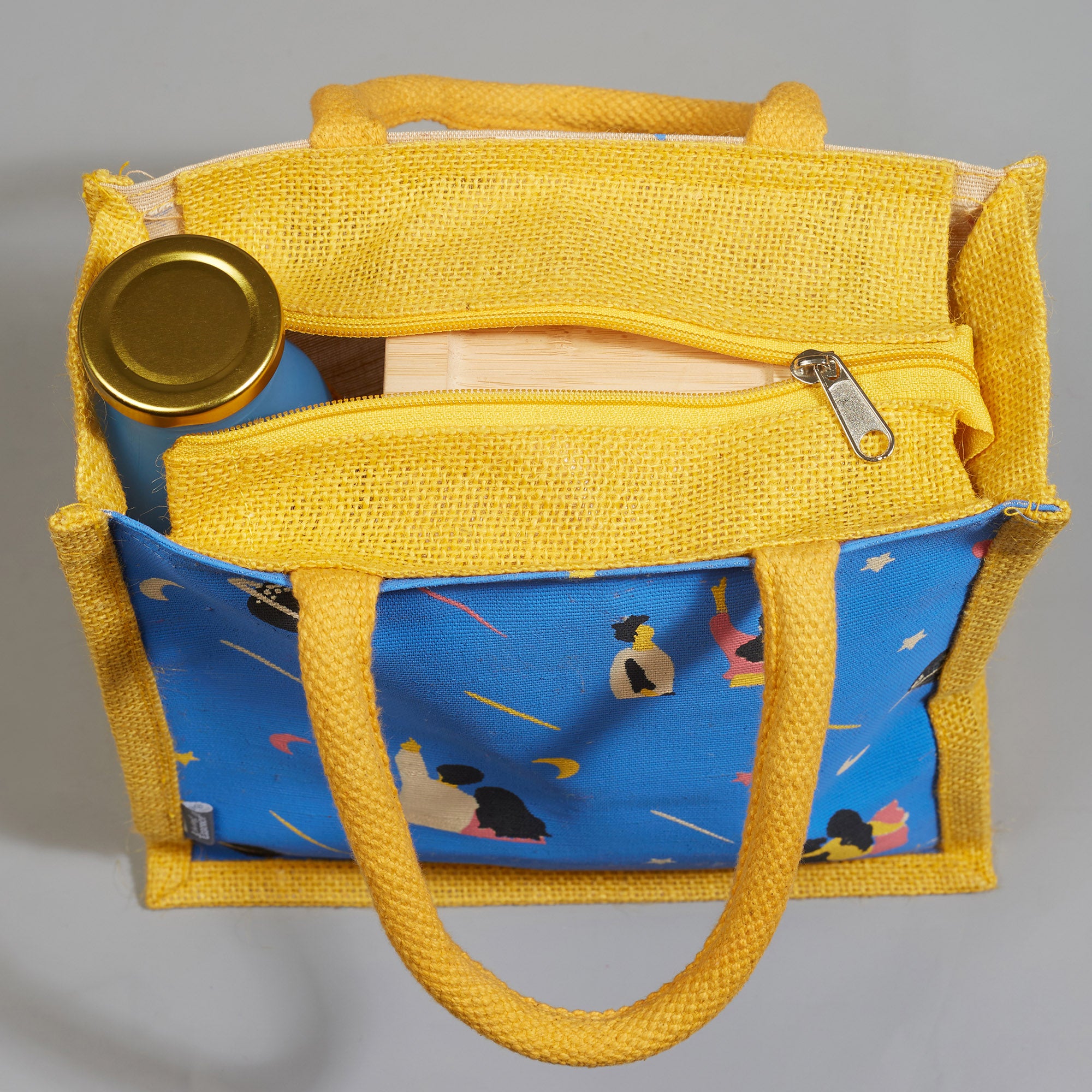 Good Life Jute Reversible Stary Night Printed Lunch Bag 25.5 x 25.5 Cm in Navy Blue & Yellow Colour