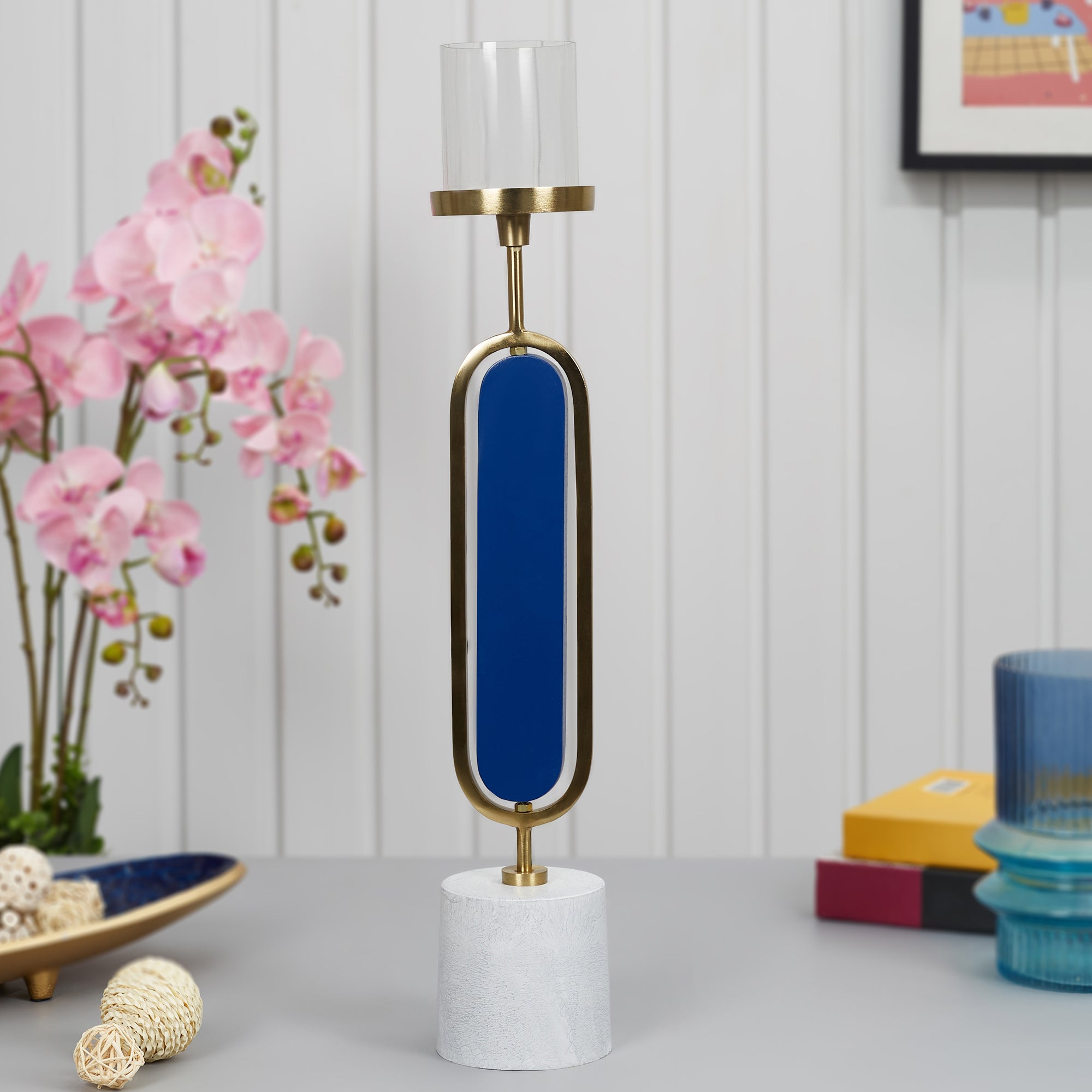 Athena Wood, Metal and Glass Oval Candle Holder 10x50 Cm in Navy Blue Colour