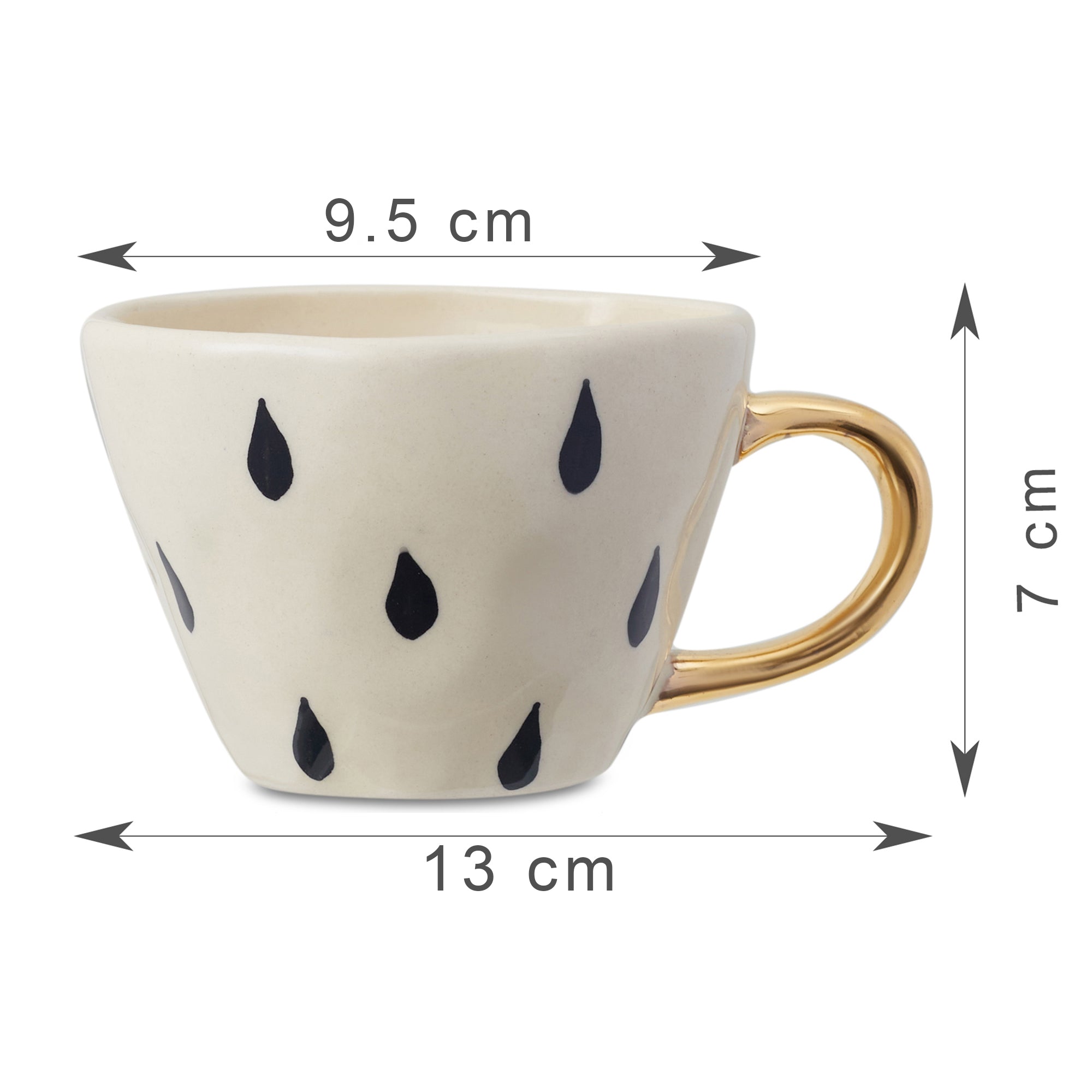 Fiesta Studio Pottery Droplet Tea Mug 250 ML Set of 4 with Real Gold Plating in Black & White Colour