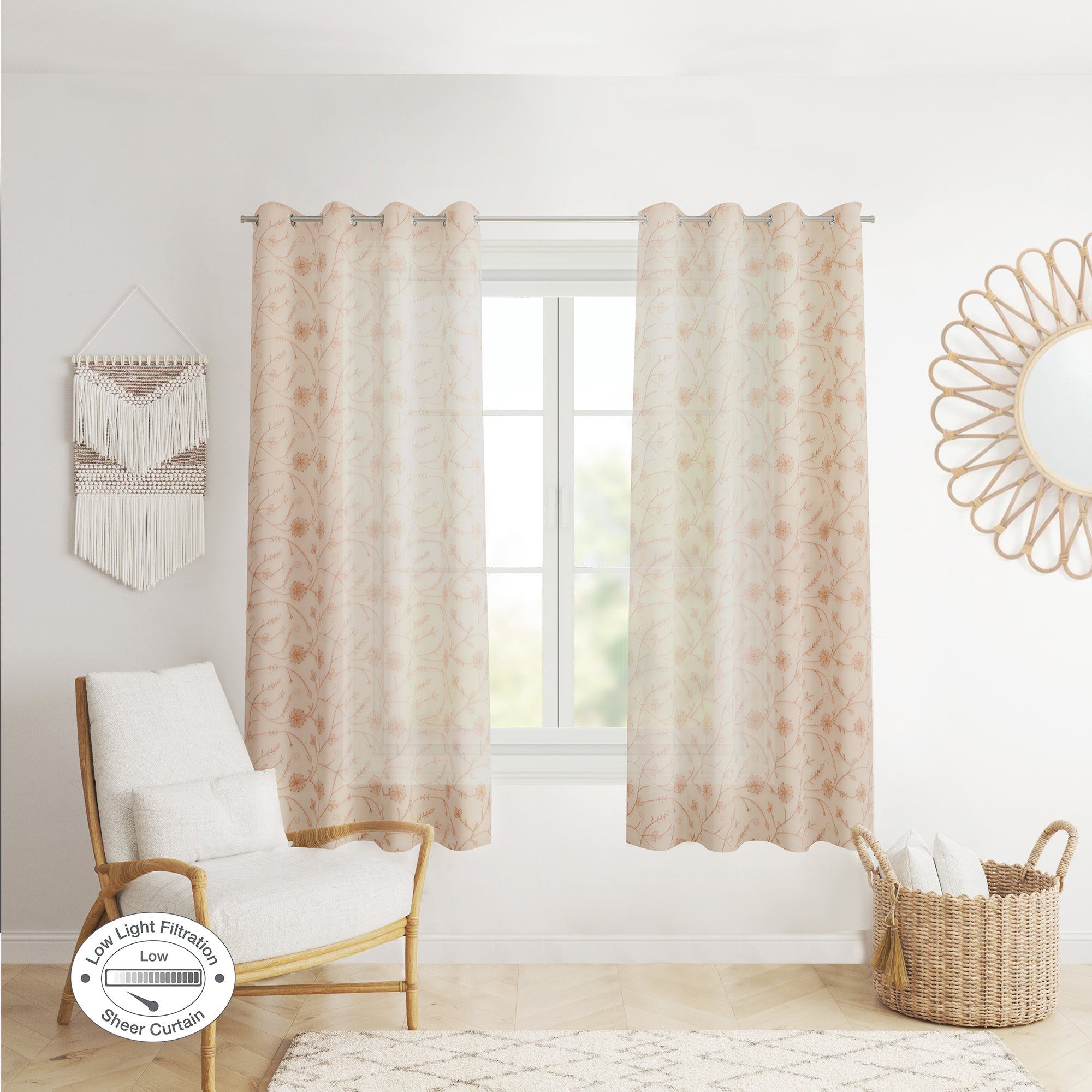 Amour Set Of 2 Embroidered Window Sheer Curtains 5 feet in Beige Colour