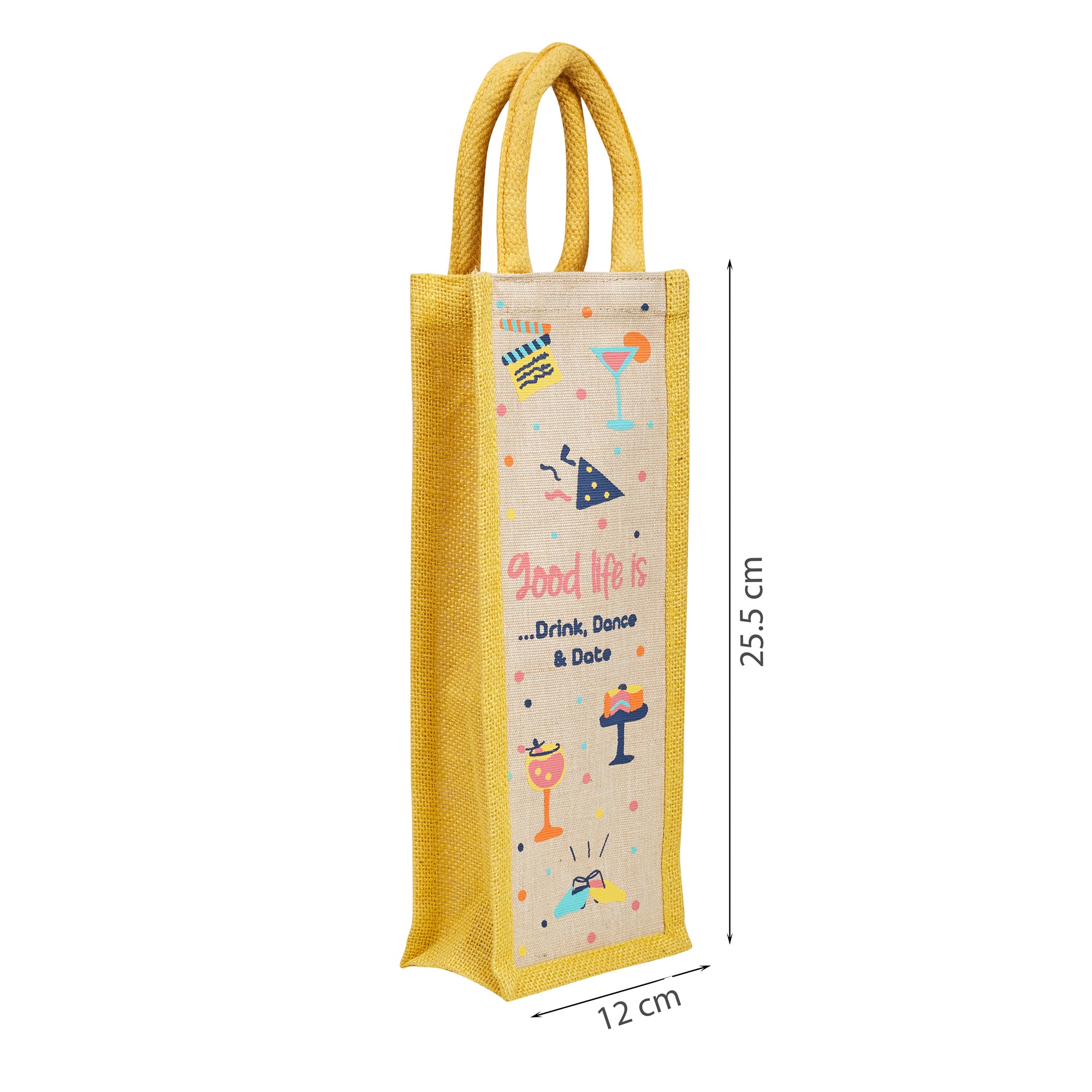 Good Life Jute Reversible Dessert Printed Bottle Bag 12 x 35.5 Cm in Yellow Colour