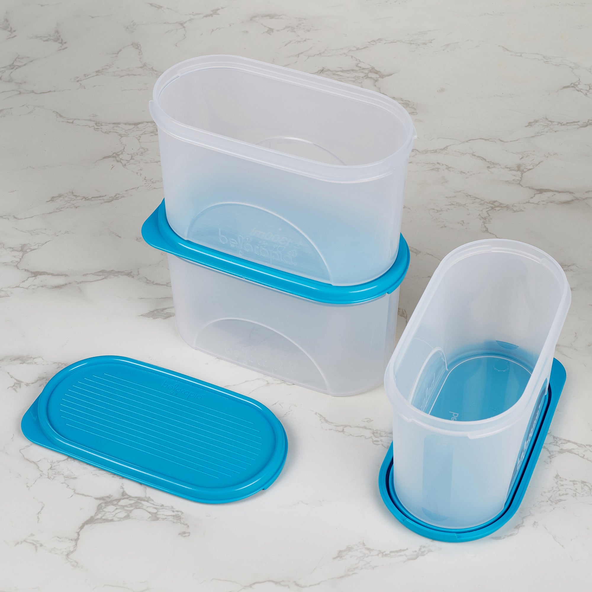 Fiesta 100% BPA-Free Plastic Oval Container Set of 3 (1300ml) in Teal & Transparent Colour