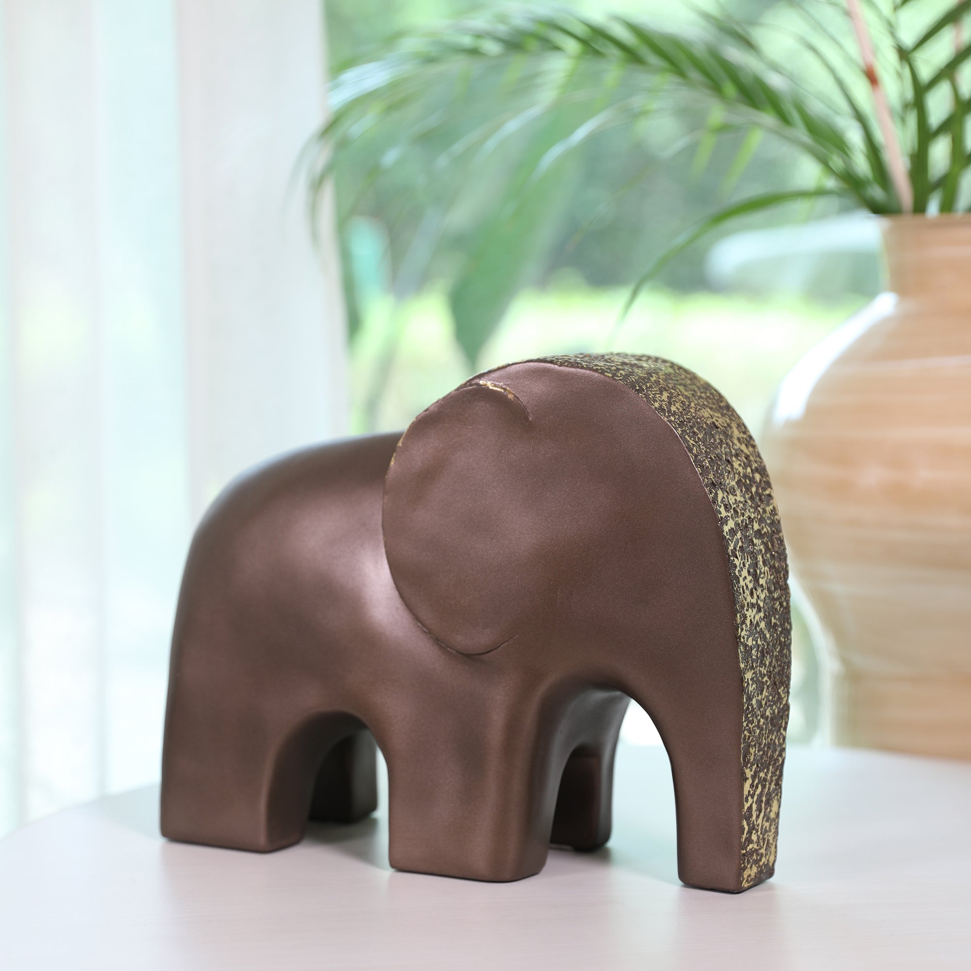 Miraya Contemporary Textured Elephant Polyresin Hand Finished Figurine Bronze 24cm by Living Essence