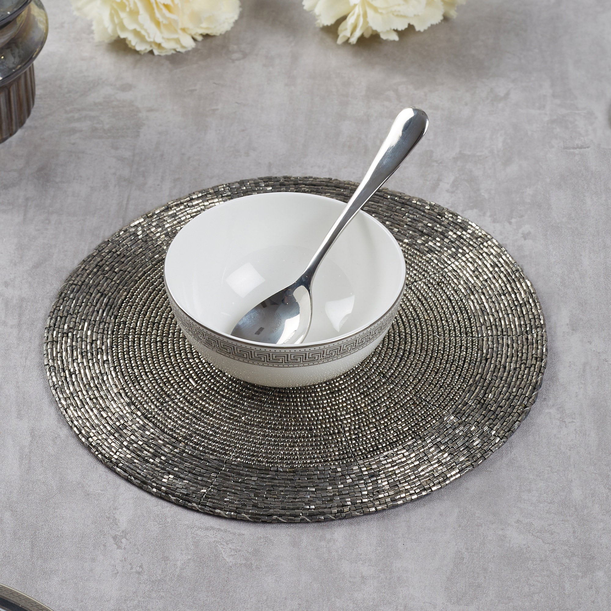 Nora Handmade Beaded Trivet Dia 22 Cm in Silver Colour