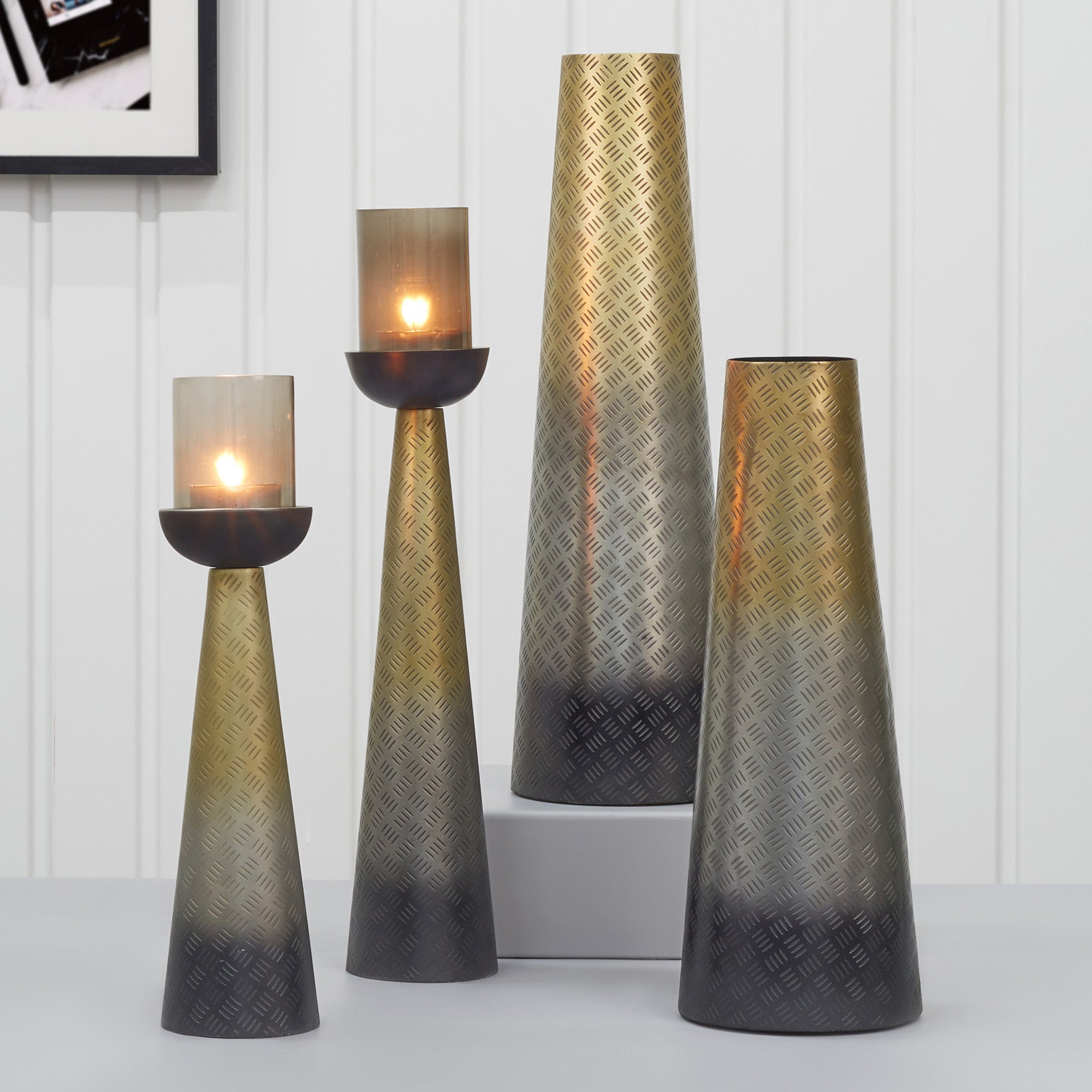 Zeus Iron and Glass Ombre Conical Candle Holder 10x47 Cm in Antique Gold & Black Colour