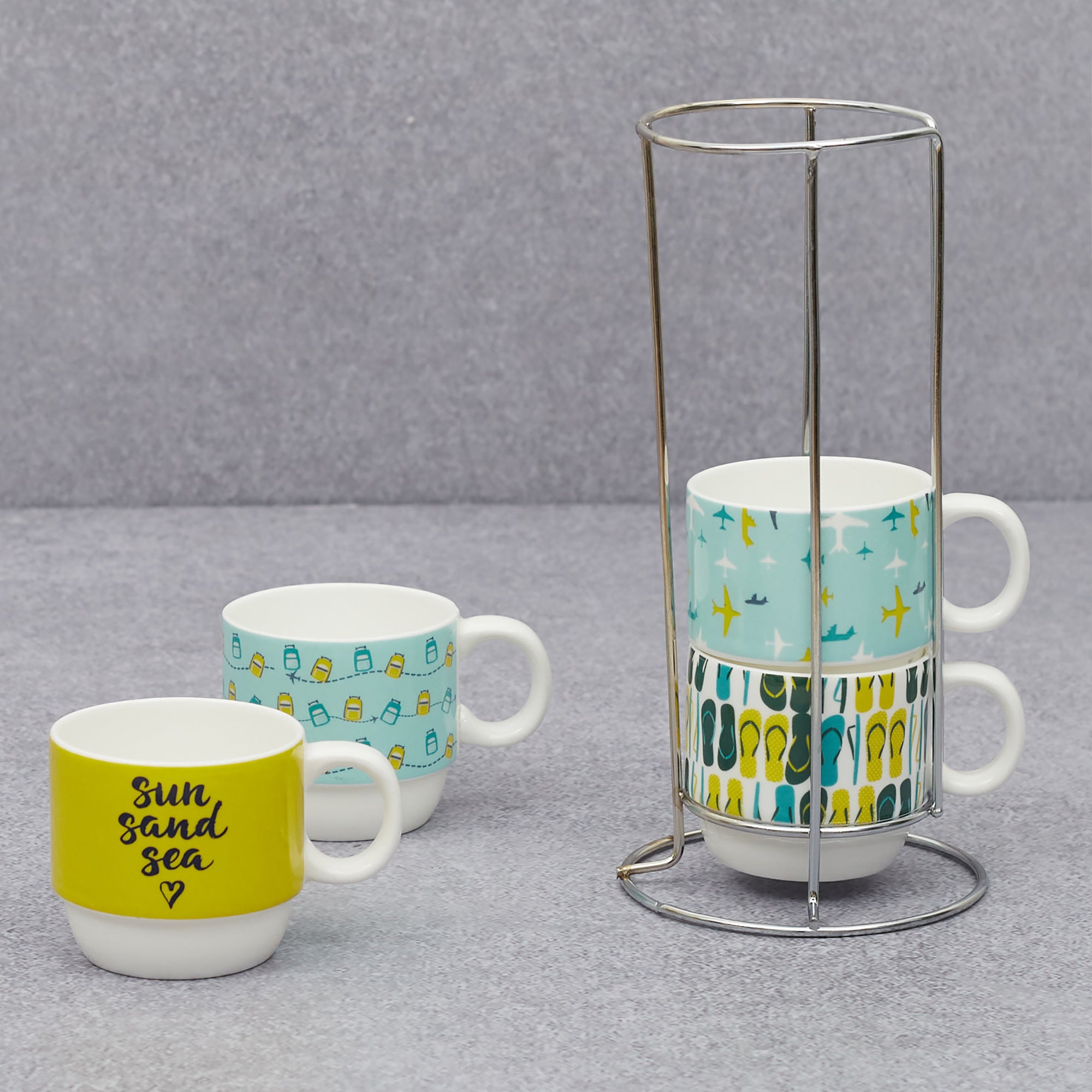 Bahamas Bone China Vacay Stackable 220 Ml Tea Mug Set of 4 with Stand in Multi Colour
