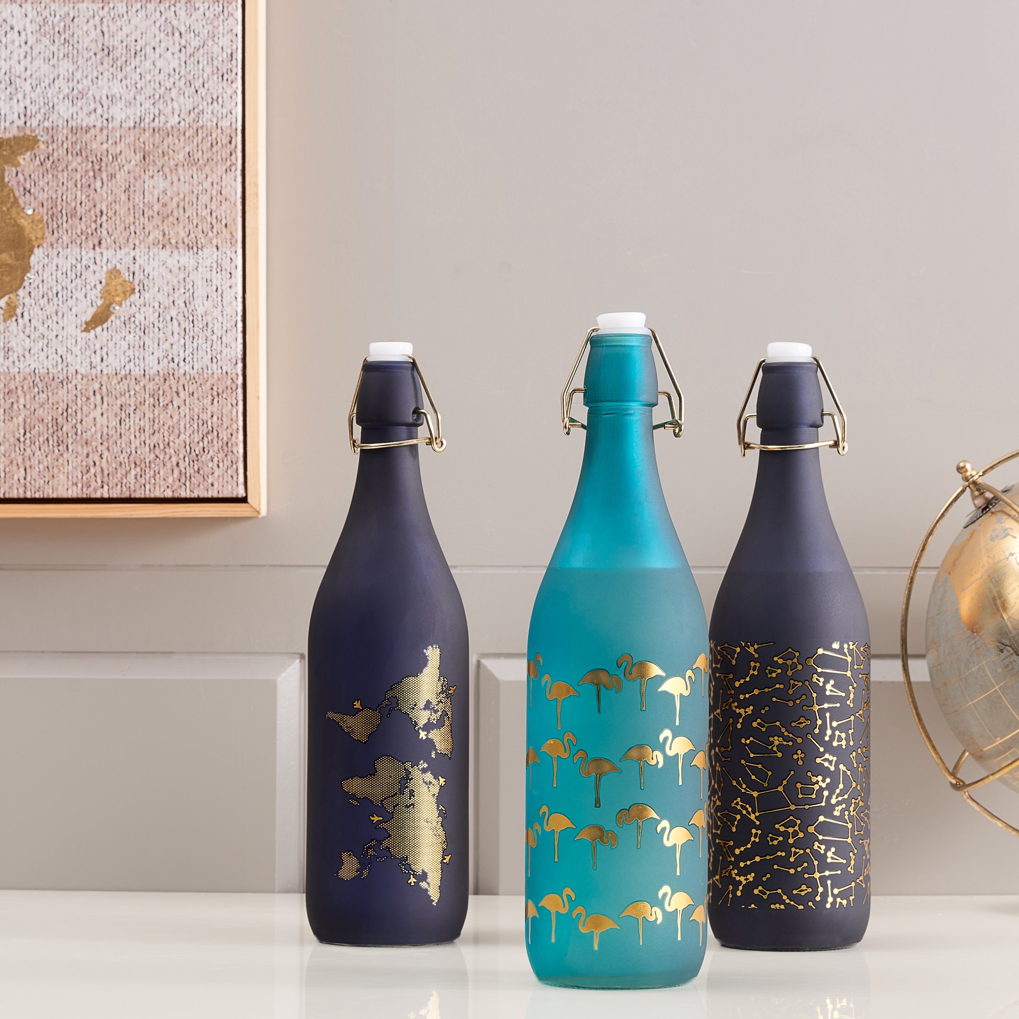 Bahamas Glass Teal Frosted Gold Bottle 1L in Teal Colour