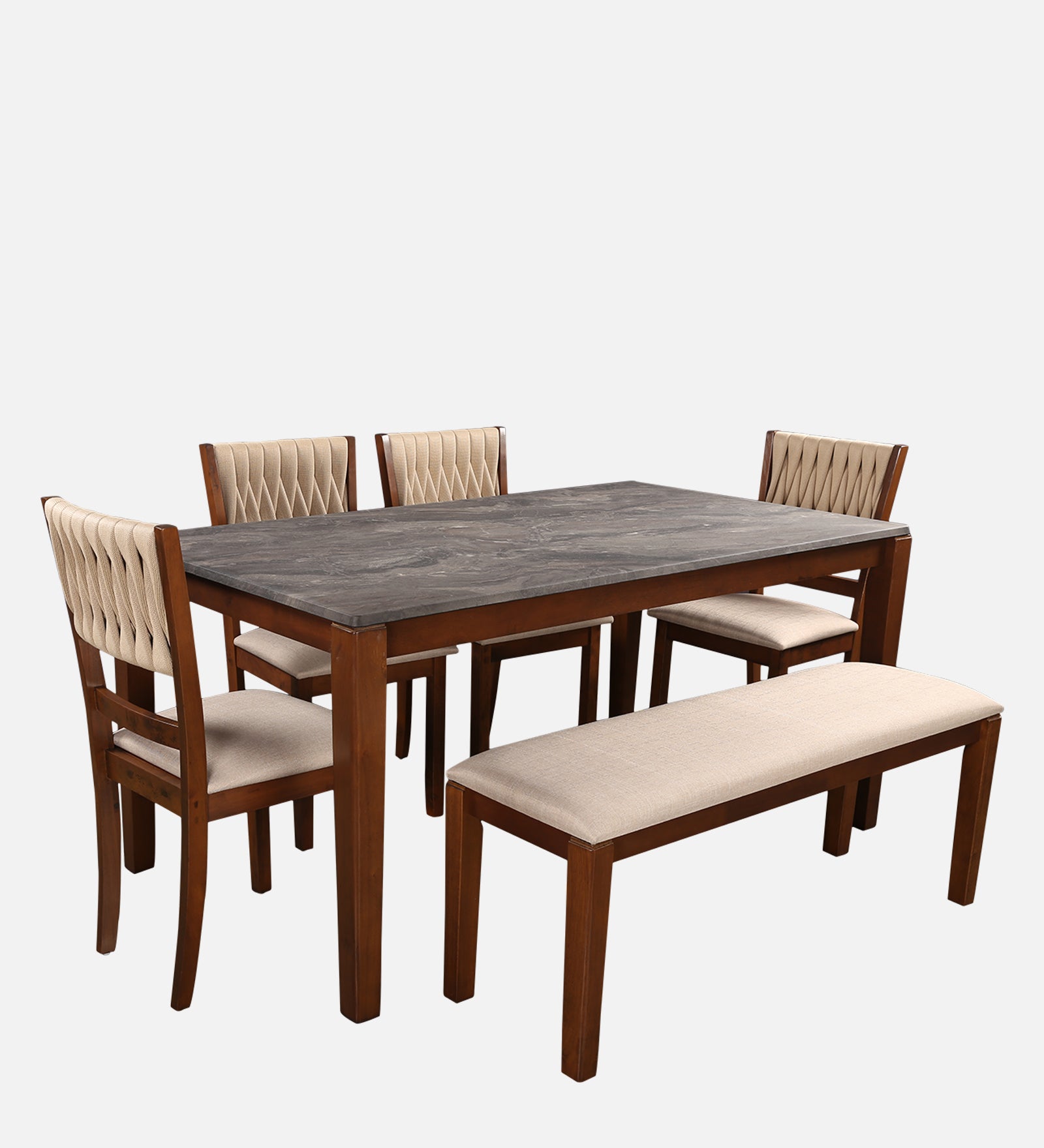 Quest Marble Top Six Seater Dining Set With Bench in Walnut Colour