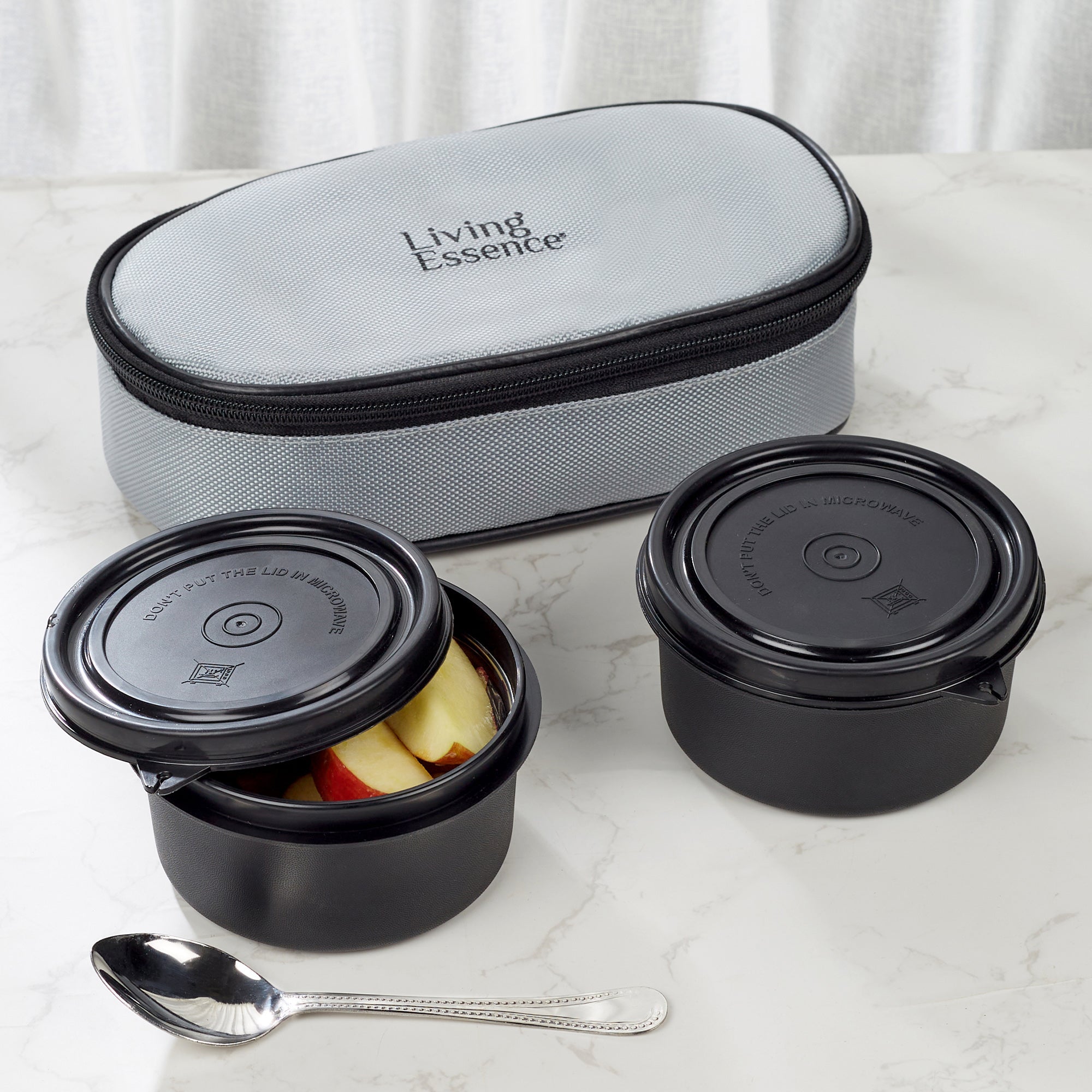 Microsafe 100% BPA Free Plastic & Stainless Steel Mega Lunch Box 400ml Set of 2 + Carry Bag in Grey Colour