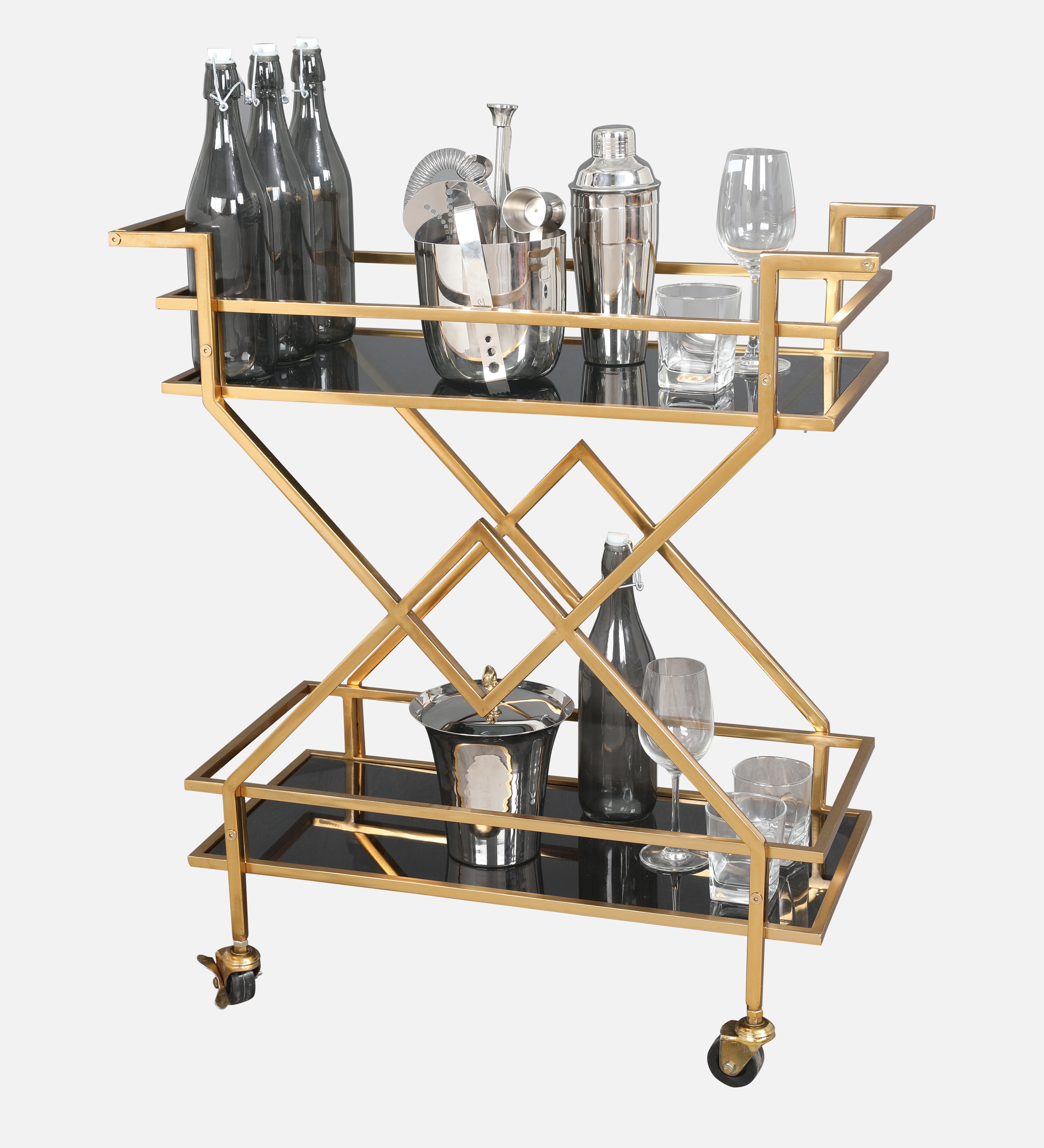 Turin Metal Serving Trolley in Gold & Black Colour