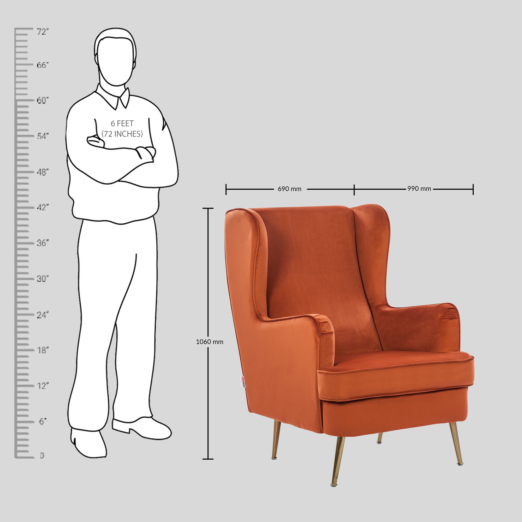 Charm Velvet Arm Chair in Rust Colour