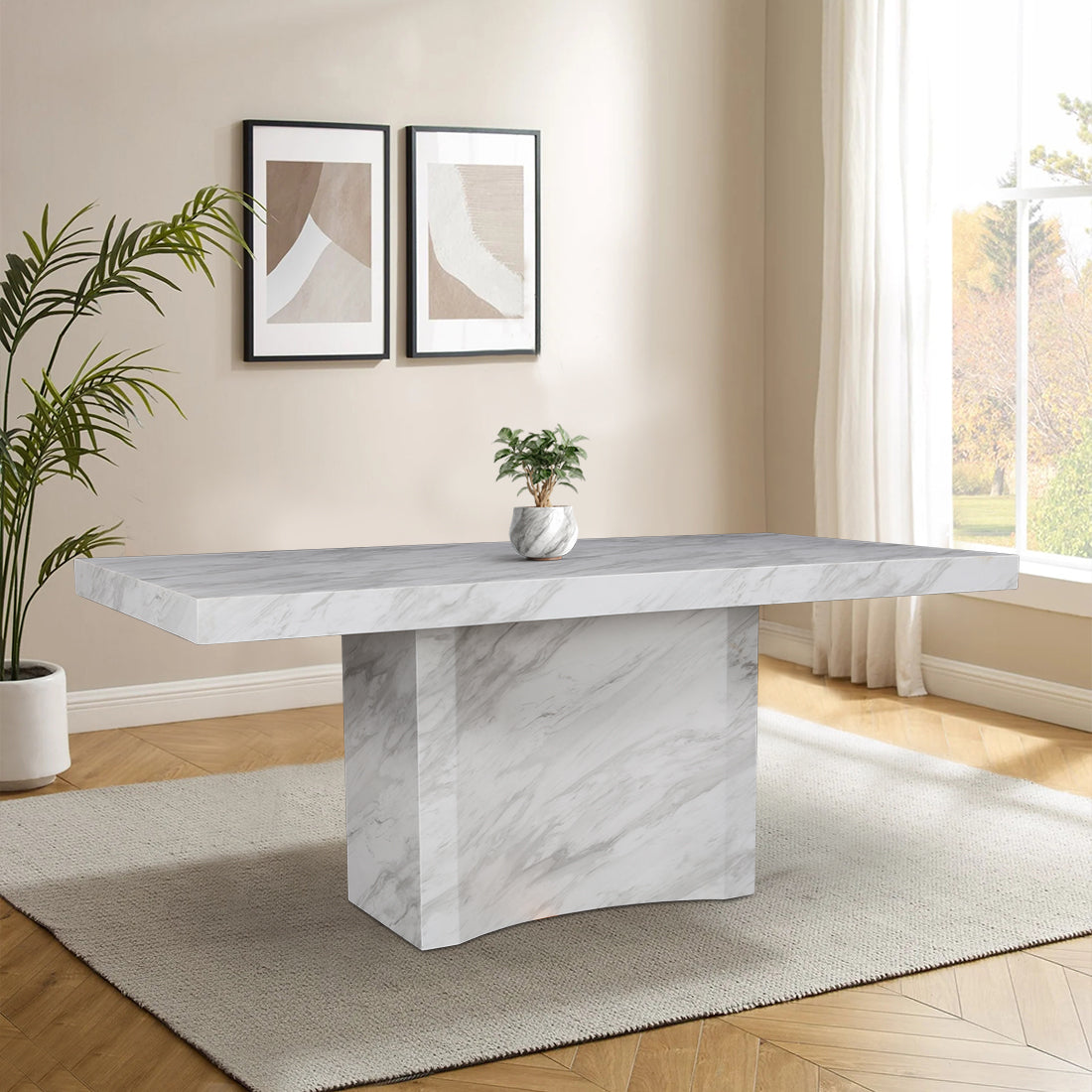 Garnet Marble Finish Six Seater Dining Table in White Colour