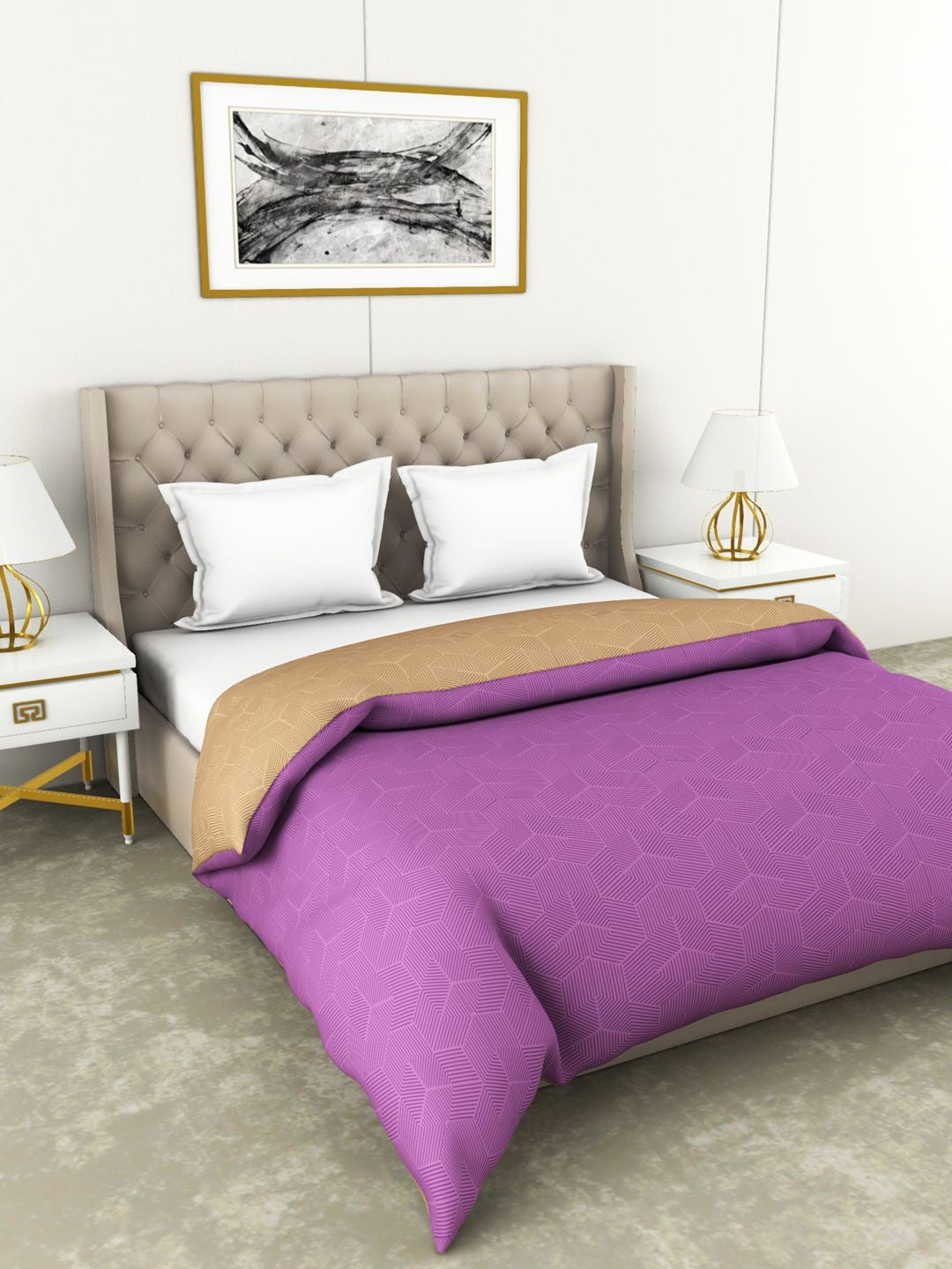 Botanical Cotton Double Comforter 229X254 Cm 210 Tc in Purple/Beige Colour