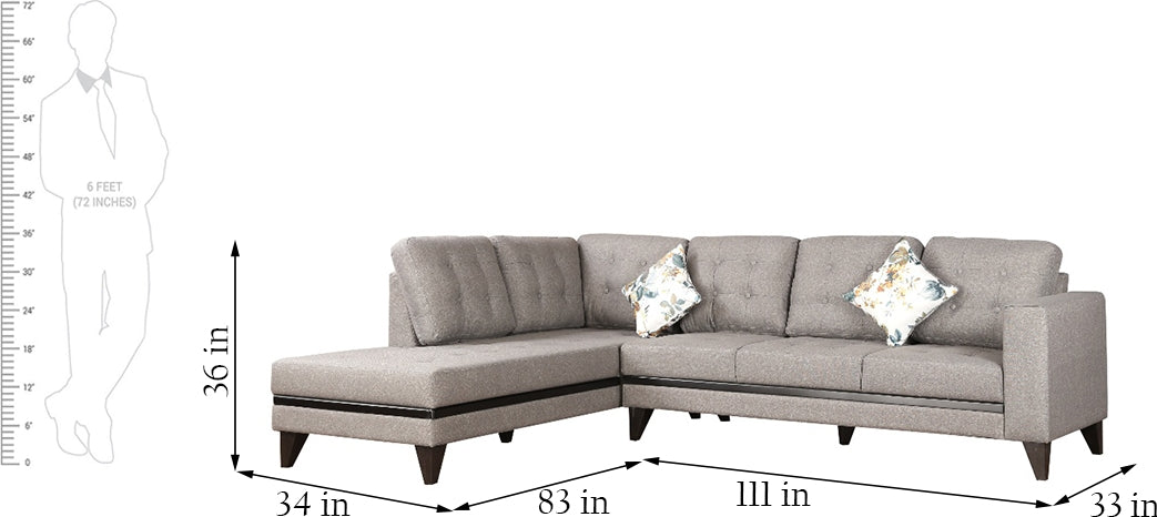 Garcia Fabric 5 Seater Sofa with Right Hand Side Lounger in Grey Colour