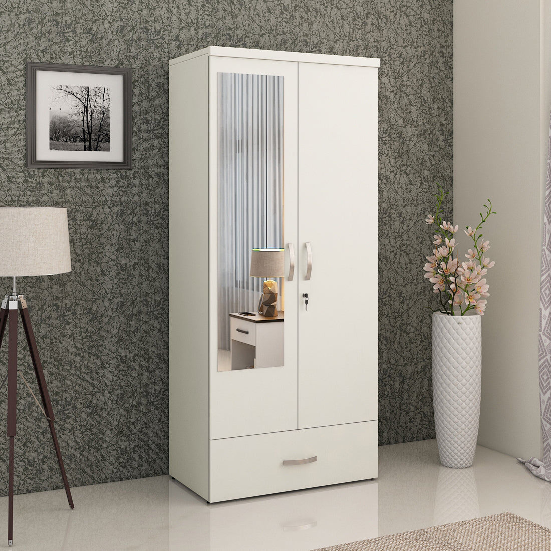 Utsav Two Door Wardrobe with Mirror in White Colour