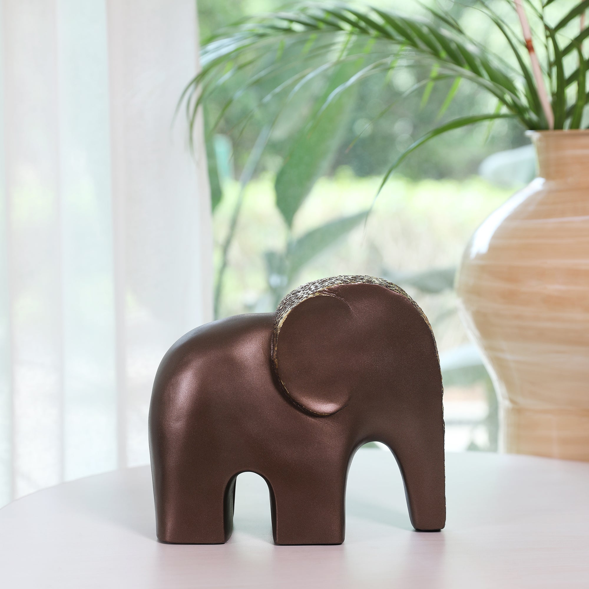 Miraya Contemporary Textured Elephant Polyresin Hand Finished Figurine Bronze 19cm by Living Essence