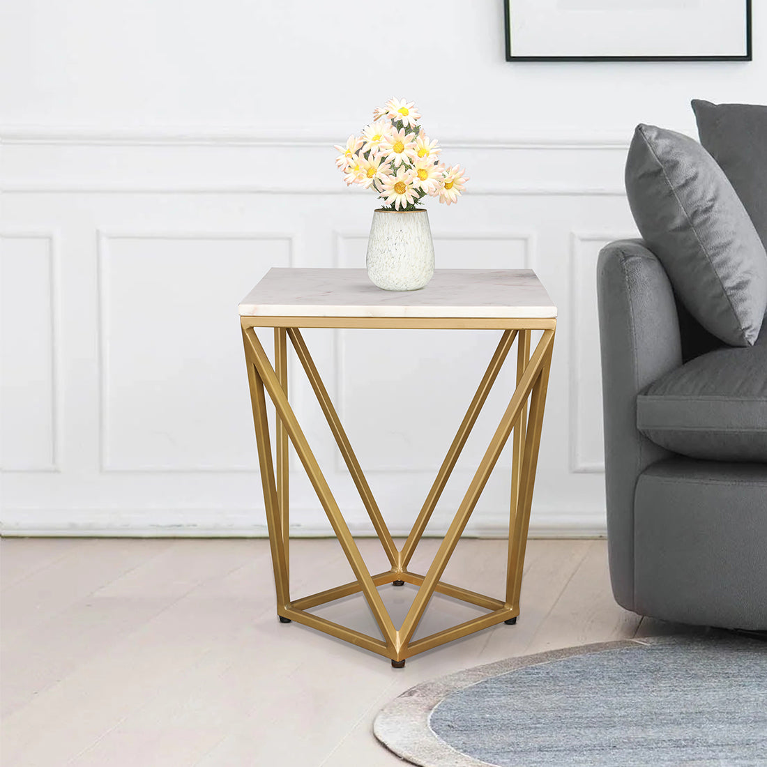 Michelle Marble Top Side Table in White and Gold Colour
