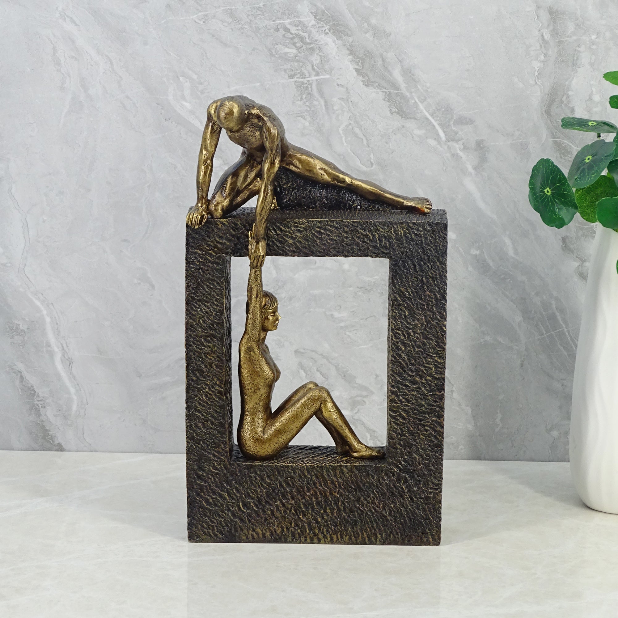 Willow Polyresin Man Holdng Sitting Woman 28 Cm in Brown And Gold Colour