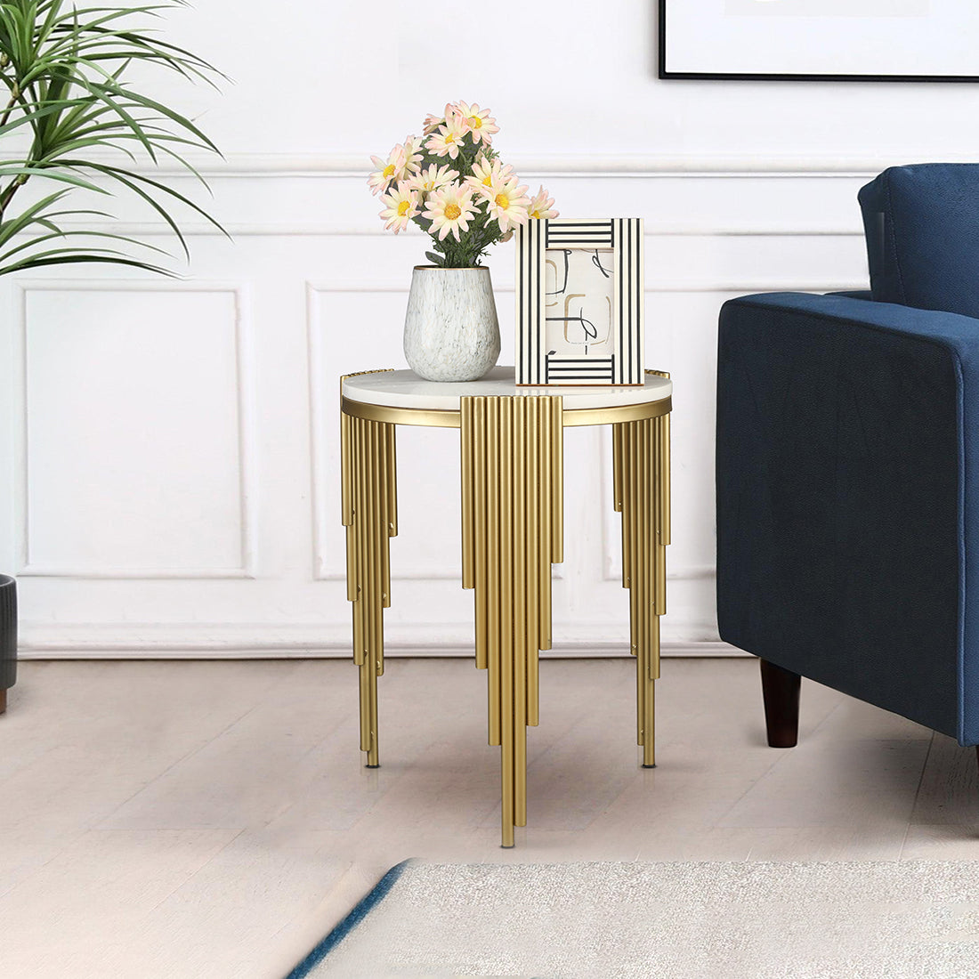Giove Marble & Iron Side Table in White and Gold Colour