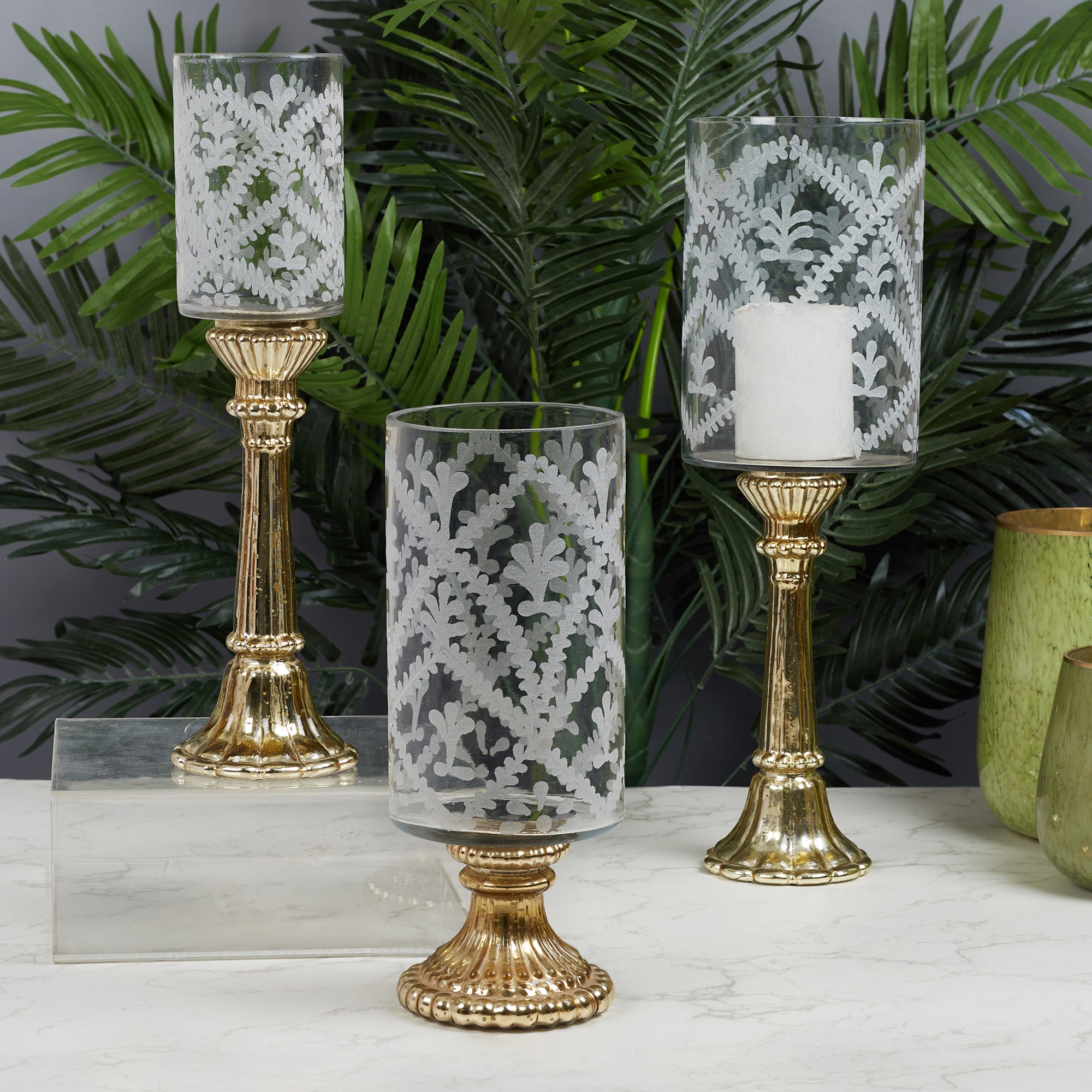 Phiona Glass Etched Handcrafted Hurricane 49 Cm in Gold Colour