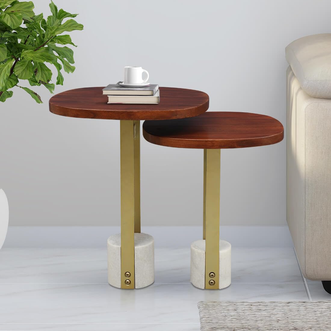 Celestia Marble Top Nest of Table in Walnut & White Colour
