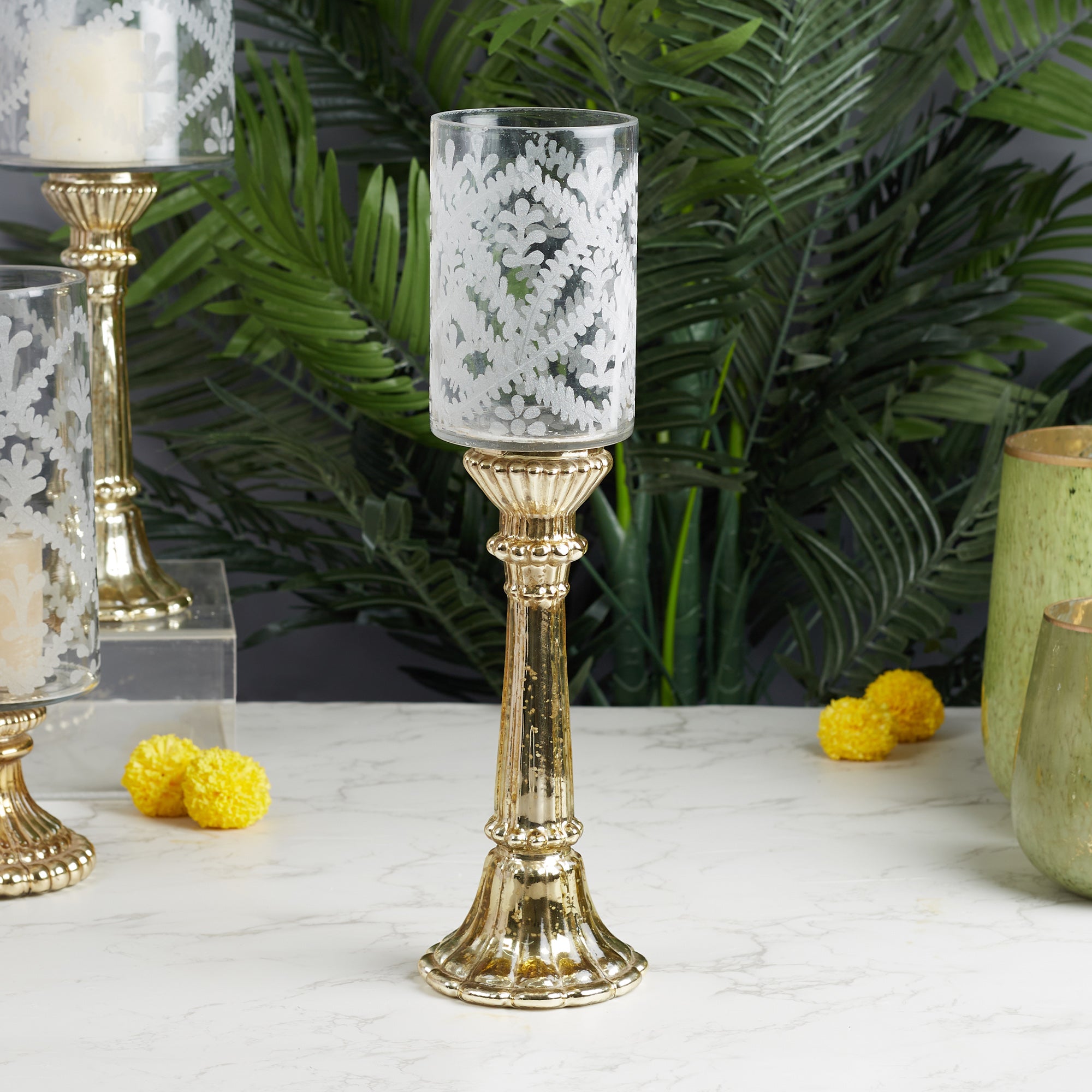 Phiona Glass Etched Handcrafted Hurricane 42 Cm in Gold Colour