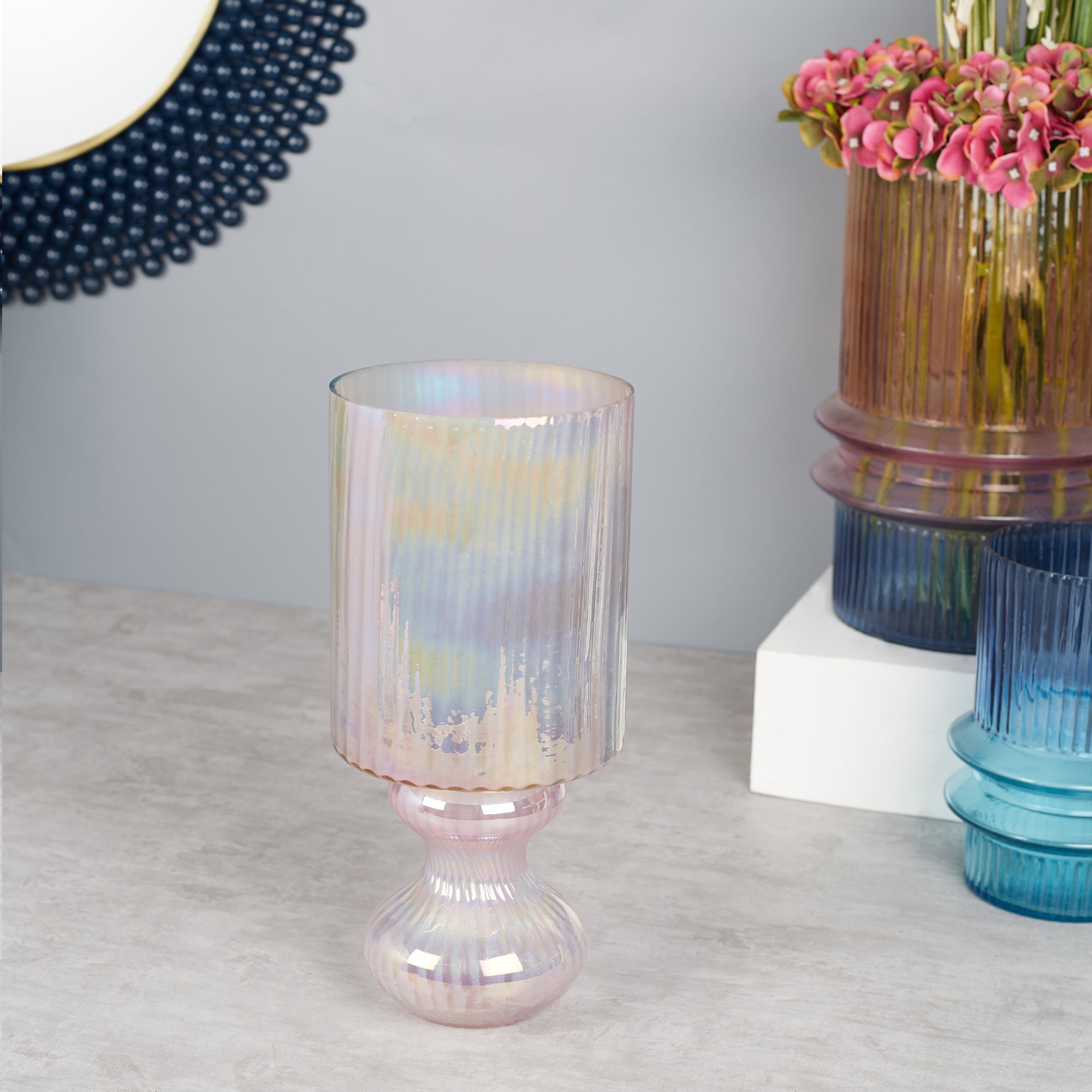 Phiona Glass Fluted Handcrafted Hurricane 33 Cm in Blush Colour