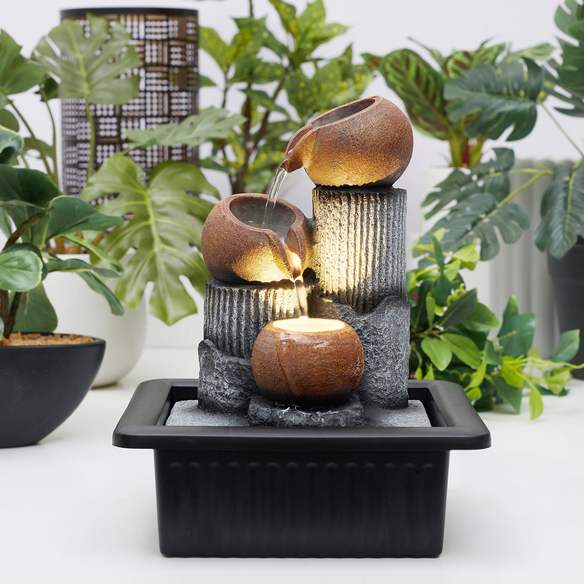 Impression Polyresin Trio Bowl Water Fountain 21x17x25 Cm in Brown Colour