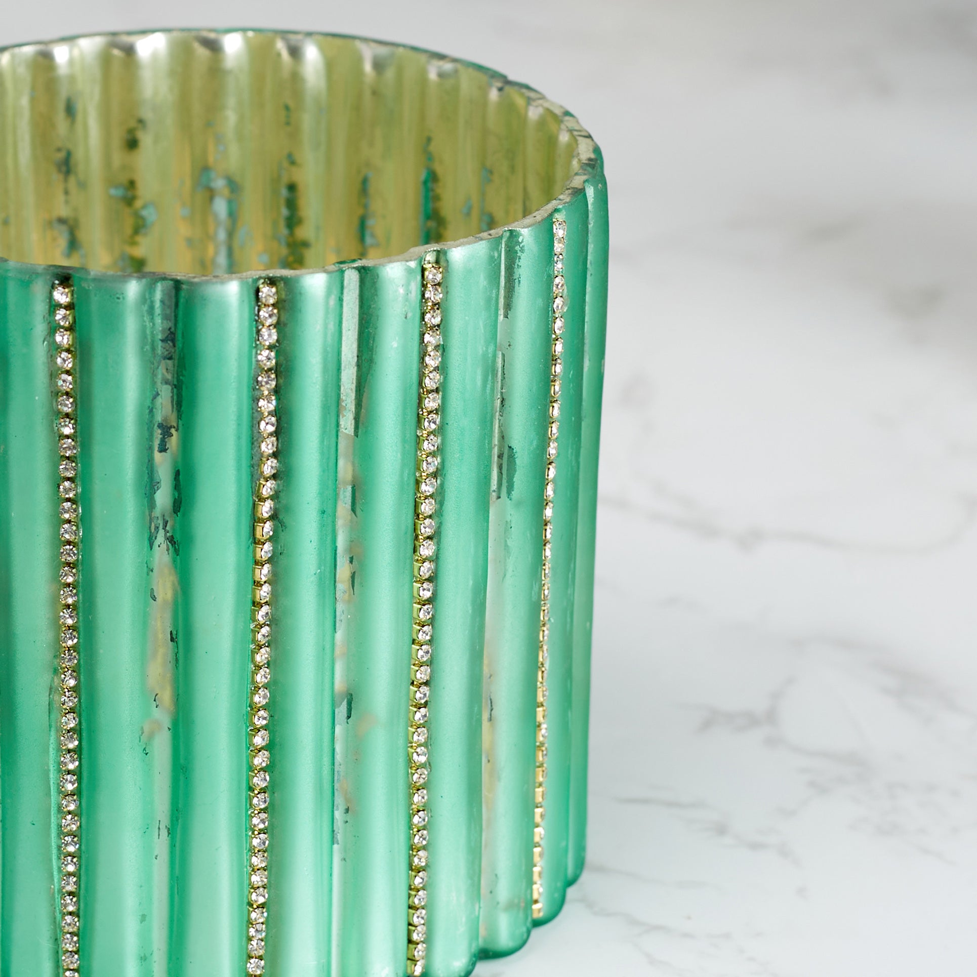 Phiona Glass Diamond Stud Handcrafted Votive 10 Cm in Emerald Colour