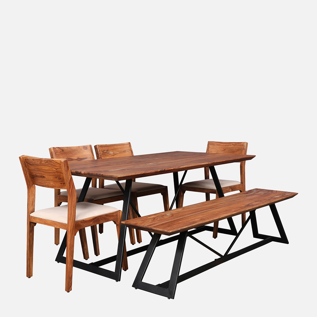 Axel Solidwood Six Seater Dining Set With Bench in Natural Sheesham Colour